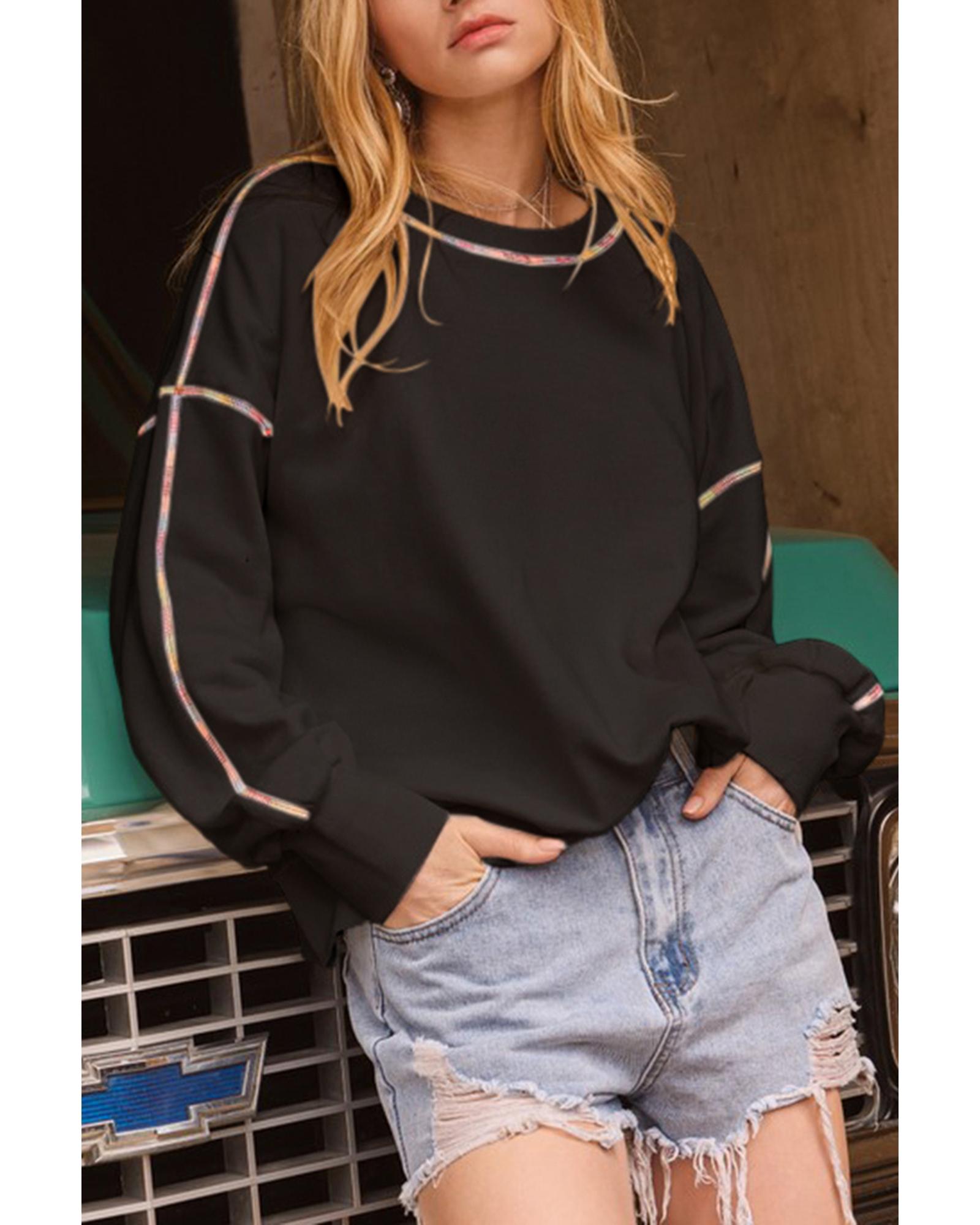 V539-AZEXDC25317951-P2-S-202506130631-00 Black Contrast Rainbow Trim Drop Shoulder Pullover Sweatshirt - S - Image 1
