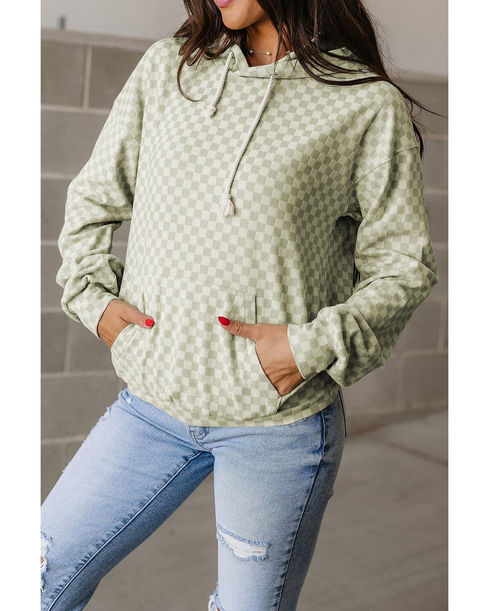 V539-AZEXDC25317952-P920-L-202508290030-00 Green Checkered Print Kangaroo Pocket Drawstring Hoodie - L - Image 1
