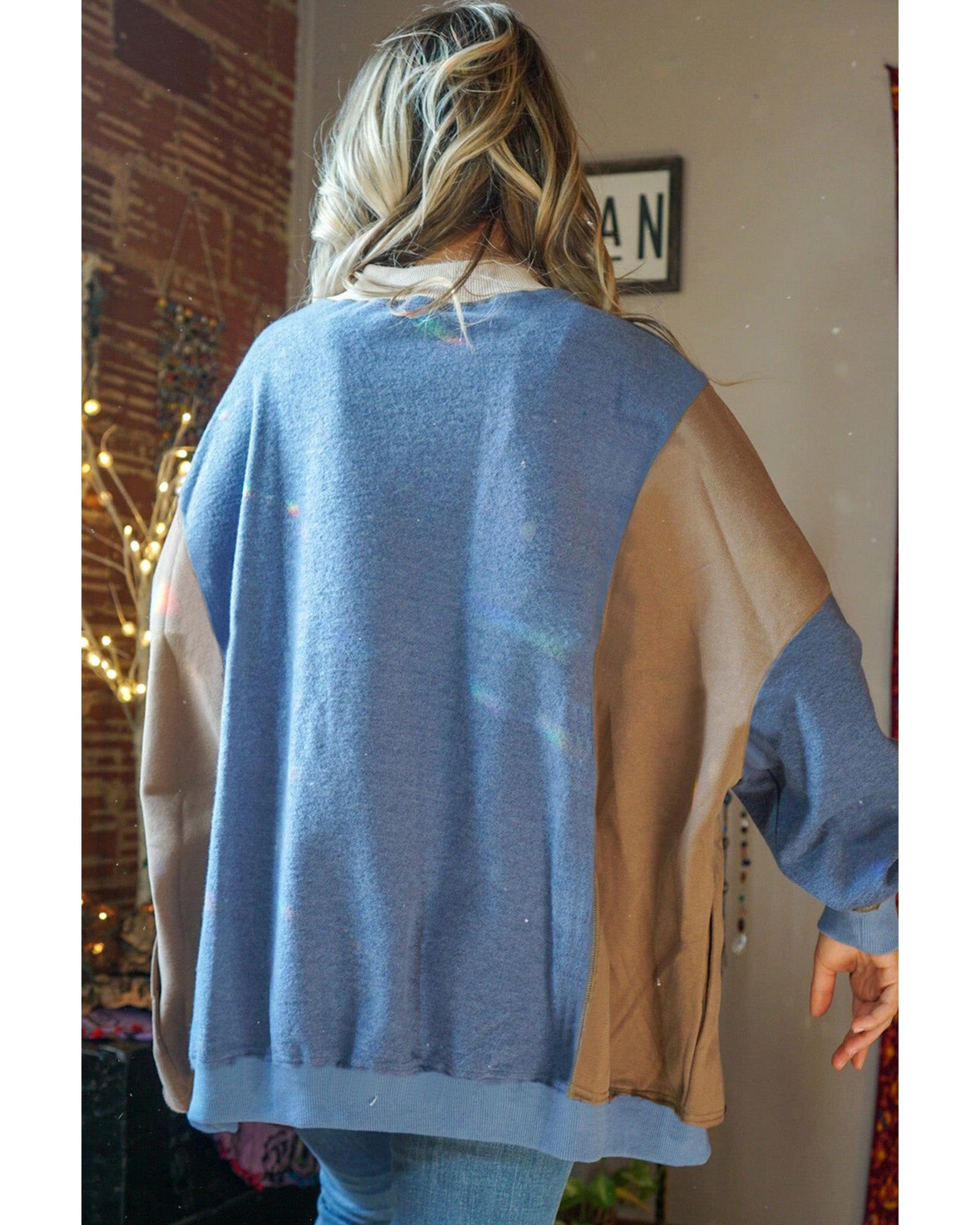 V539-AZEXDC25317993-P205-XL-202508281210-00 Sky Blue Ribbed Detail Color Block Sleeve Baggy Sweatshirt - XL - Image 1