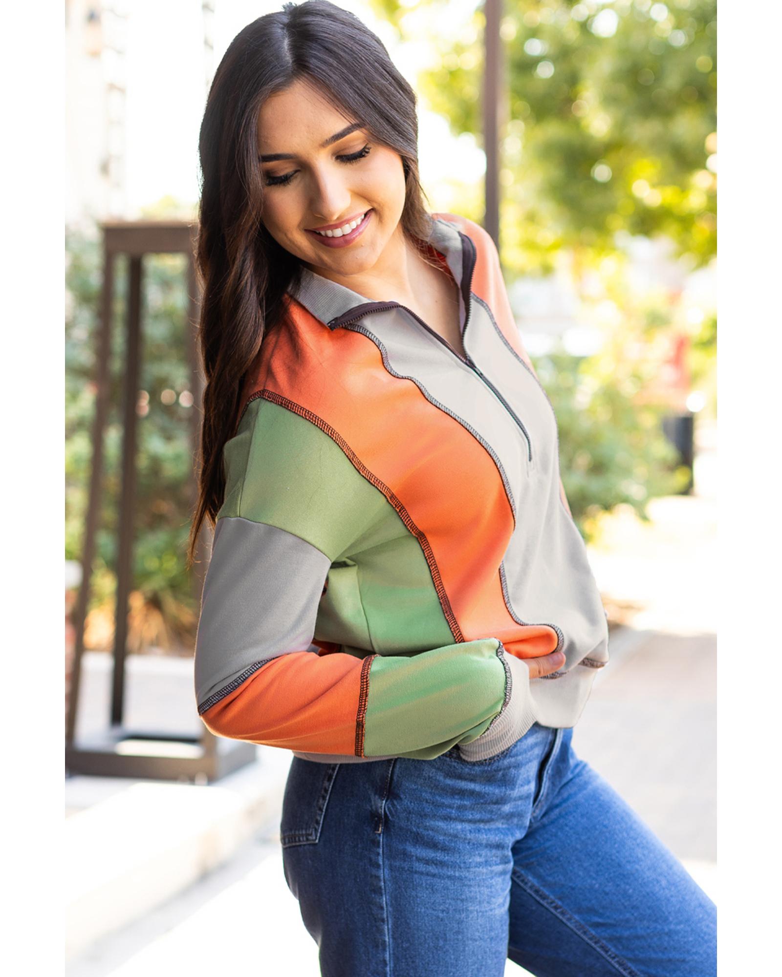 V539-AZEXDC25318148-P1011-XL-202508282015-00 Light Grey Color Block Stitching Detail Half Zipper Sweatshirt - XL - Image 1
