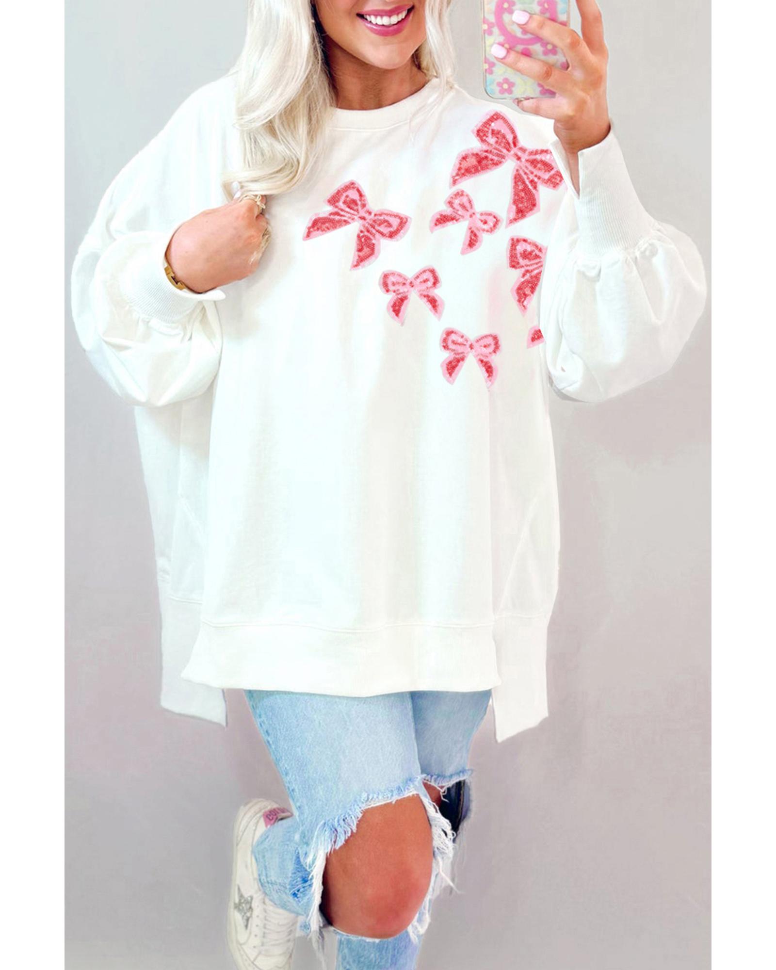 V539-AZEXDC25318217-P1-L-202508291410-00 White Sequin Bowknot High Low Oversize Sweatshirt - L - Image 1
