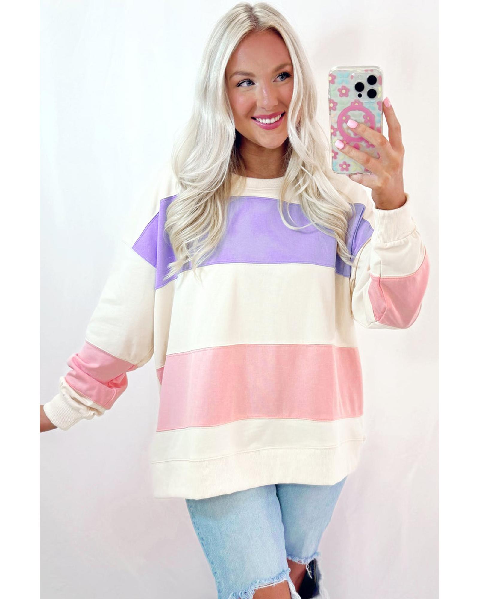 V539-AZEXDC25318248-P1522-M-202508290120-00 Beige Colorblock Patchwork Drop Shoulder Crewneck Sweatshirt - M - Image 1