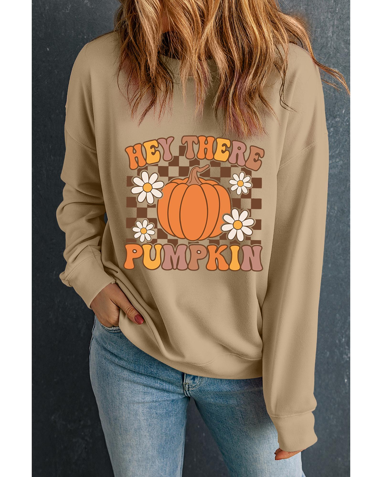V539-AZEXDC25318348-16-2XL-202508281025-00 Khaki Floral Checkered Pumpkin Graphic Drop Shoulder Thanksgiving Sweatshirt - 2XL - Image 1