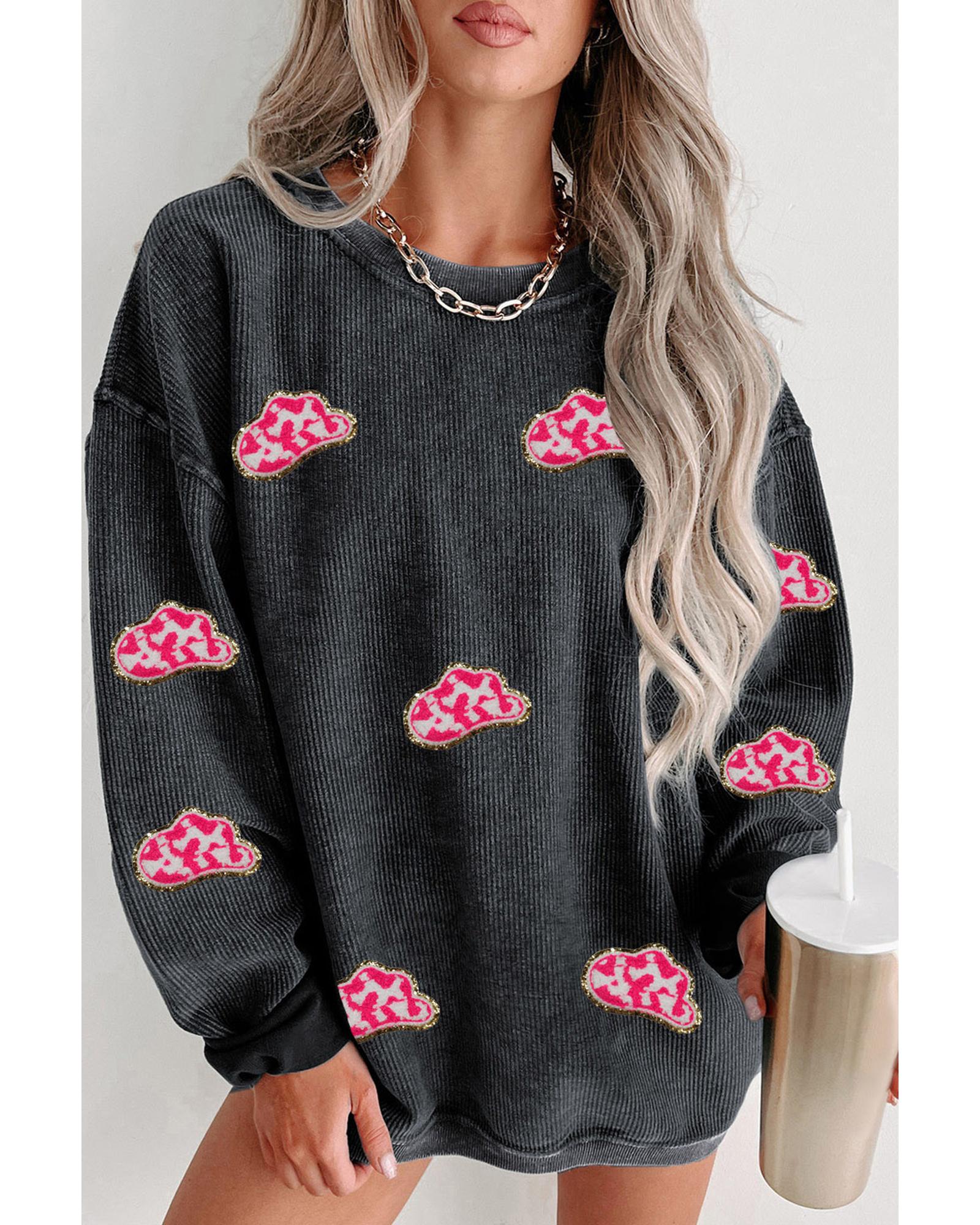 V539-AZEXDC25318349-2-M-202508291710-00 Black Glittering Cowboy Hat Patched Corded Pullover Sweatshirt - M - Image 1