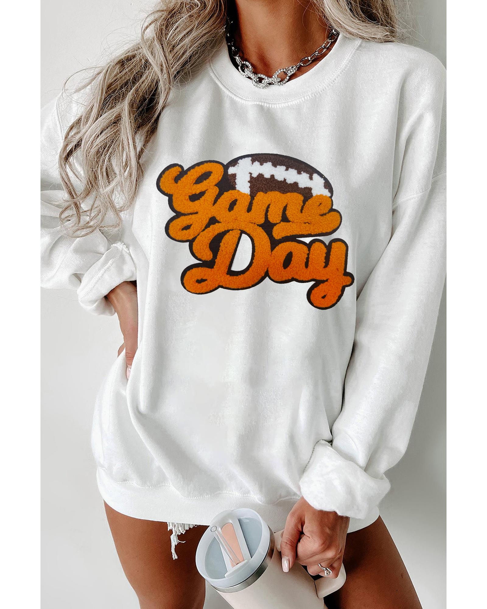 V539-AZEXDC25318350-P1-M-202508300550-00 White Chenille Game Day Rugby Football Pattern Pullover Sweatshirt - M - Image 1