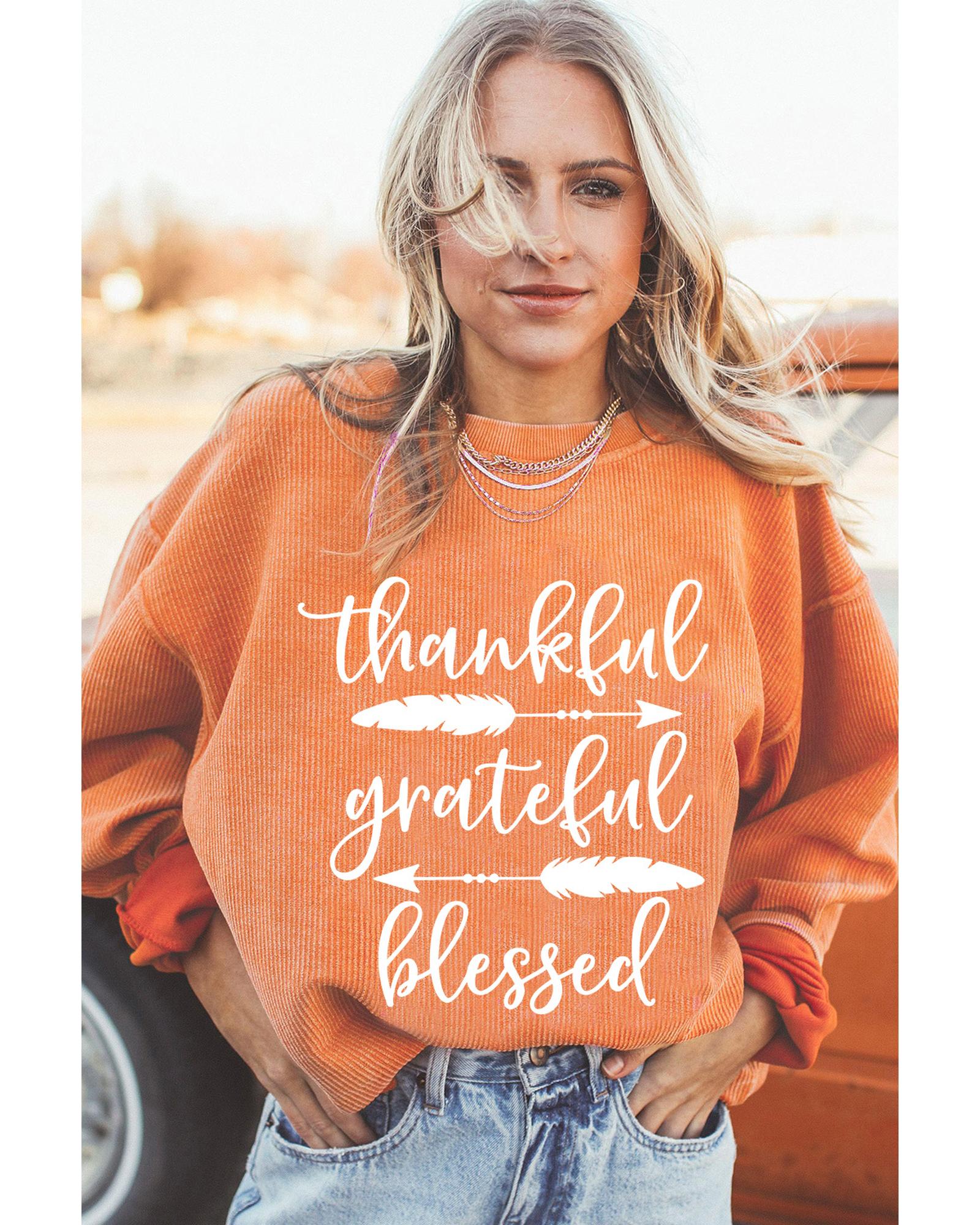 V539-AZEXDC25318365-2014-L-202508281700-00 Orange thankful grateful blessed Arrow Graphic Corded Sweatshirt - L - Image 1