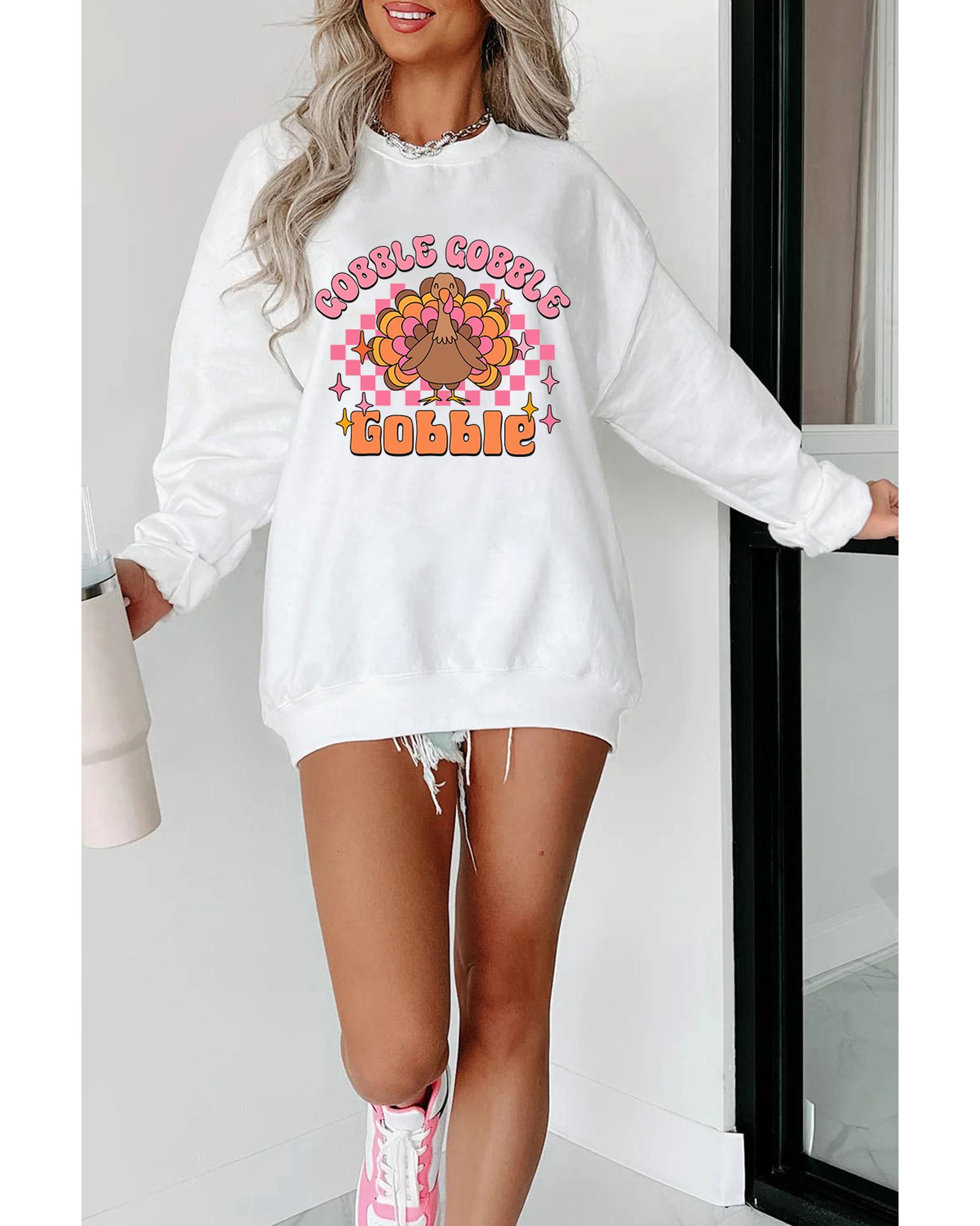 V539-AZEXDC25318366-P1-L-202508291410-00 White Gobble Gobble Turkey Graphic Crewneck Thanksgiving Sweatshirt - L - Image 1