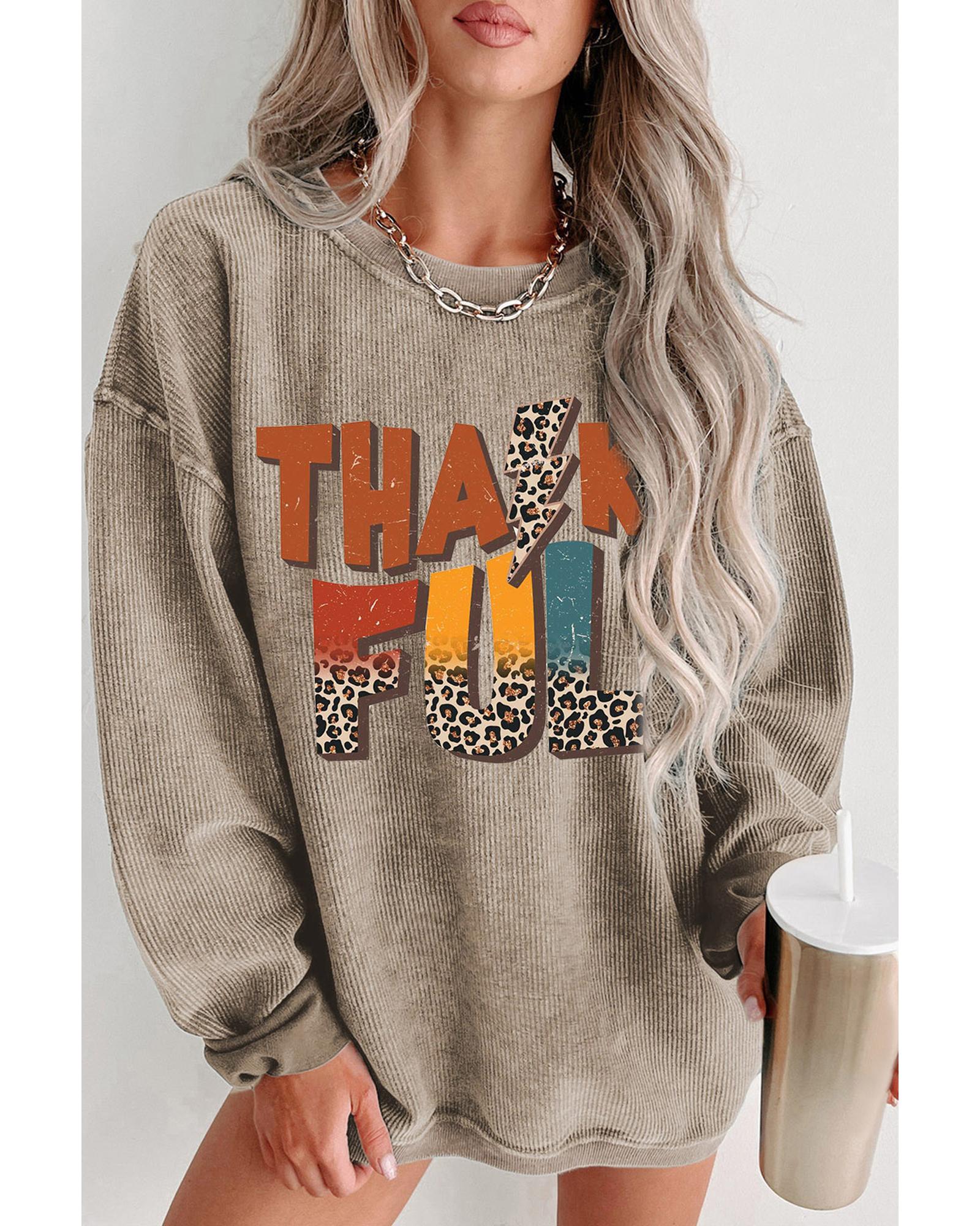 V539-AZEXDC25318367-16-M-202508300455-00 Khaki Leopard THANKFUL Graphic Corded Thanksgiving Sweatshirt - M - Image 1
