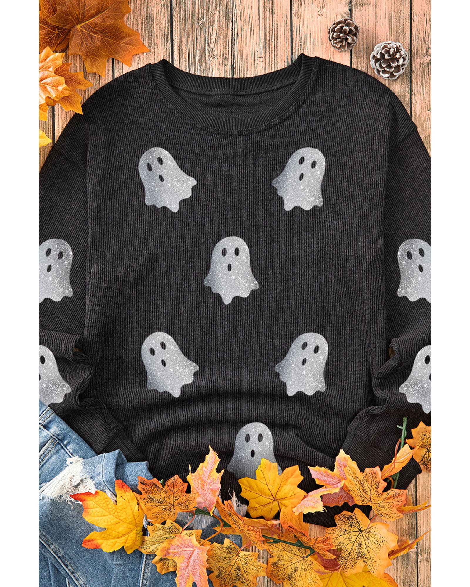 V539-AZEXDC25318422-2-L-202508280750-00 Black Halloween Ghost Corded Crew Neck Loose Sweatshirt - L - Image 1