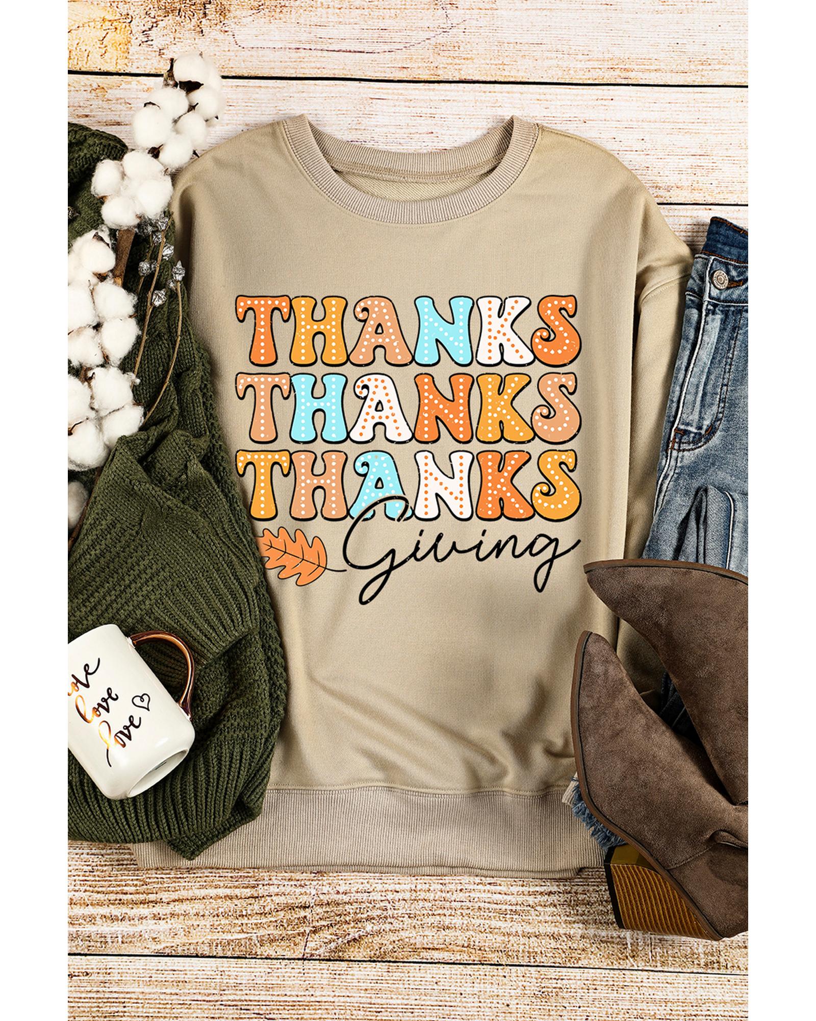V539-AZEXDC25318430-16-L-202508292250-00 Khaki THANKS giving Leaves Printed Drop Shoulder Sweatshirt - L - Image 1