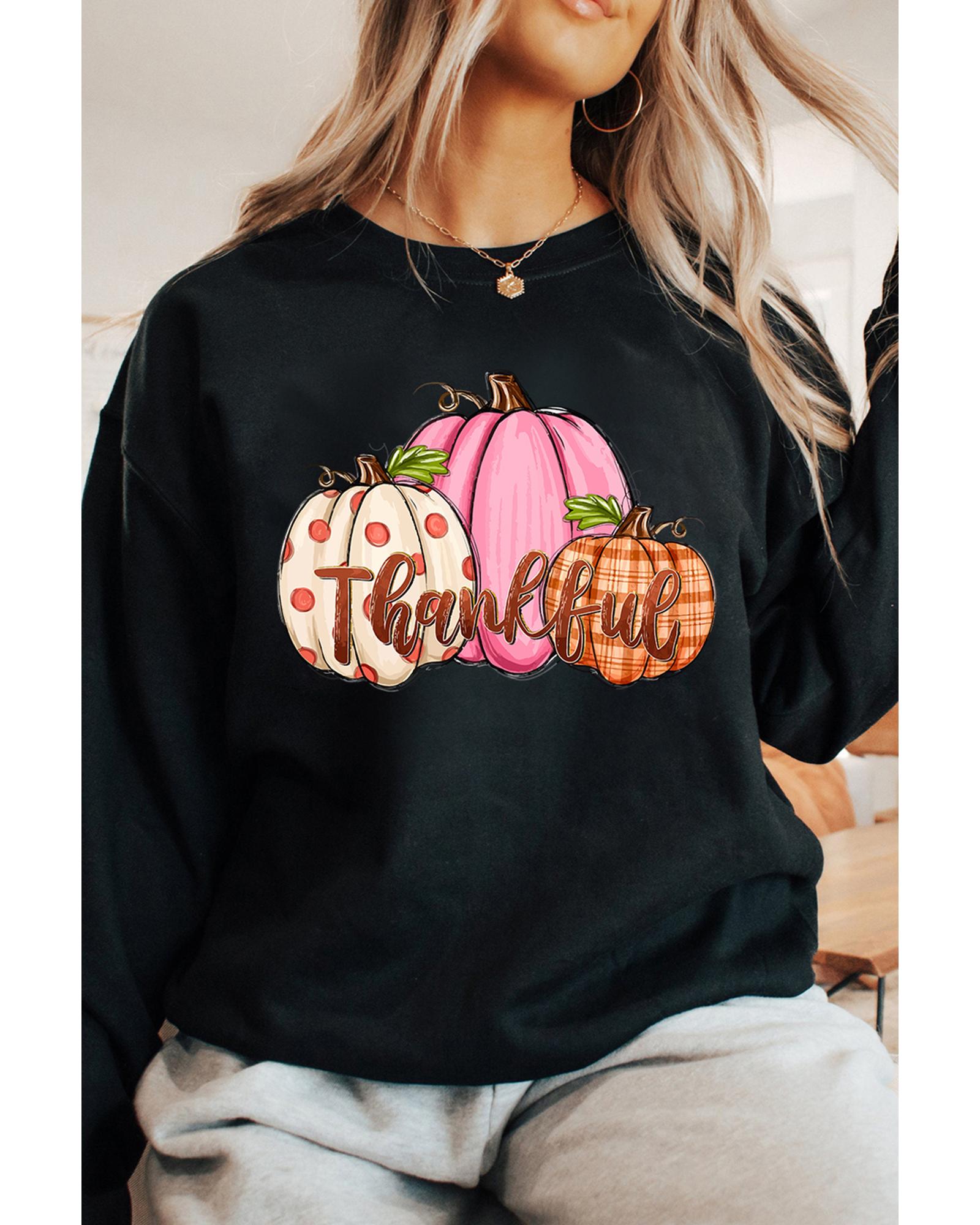 V539-AZEXDC25318443-P2-M-202508270500-00 Black Pumpkin Thankful Drop Shoulder Thanksgiving Pullover Sweatshirt - M - Image 1