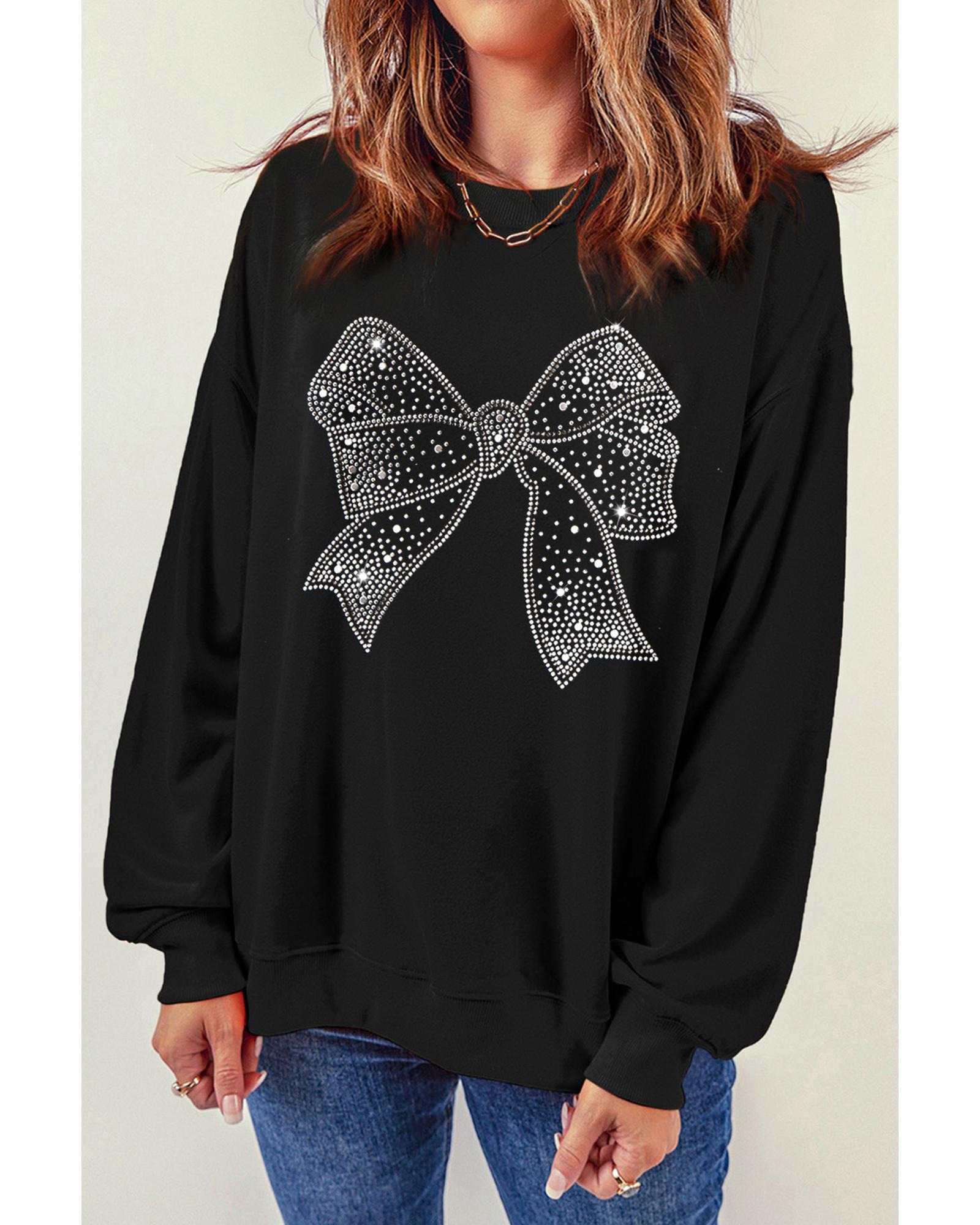 V539-AZEXDC25318466-2-XL-202508271325-00 Black Rhinestone Bowknot Graphic Crewneck Pullover Sweatshirt - XL - Image 1