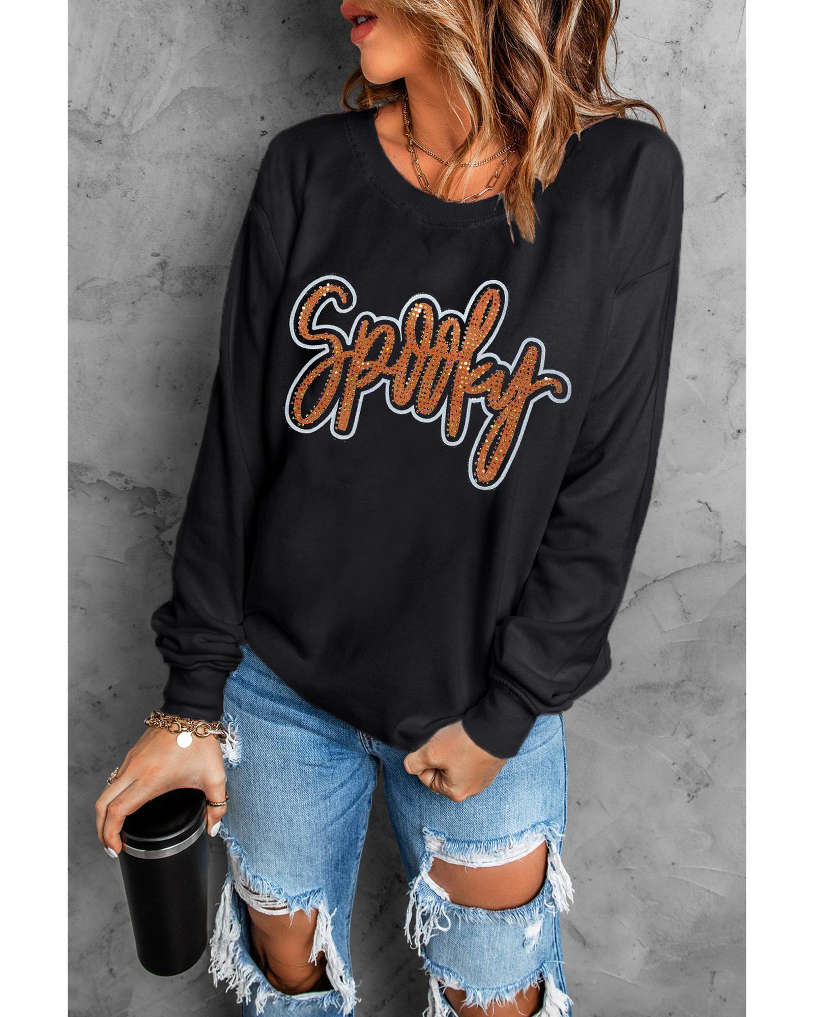 V539-AZEXDC25318577-2-XL-202508280635-00 Black Spooky Rhinestone Drop Shoulder Graphic Sweatshirt - XL - Image 1