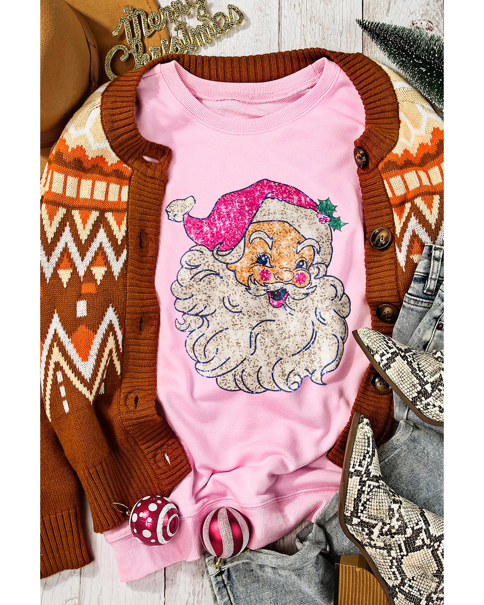 V539-AZEXDC25318595-10-M-202508282130-00 Pink Bold Christmas Claus Graphic Drop Shoulder Sweatshirt - M - Image 1
