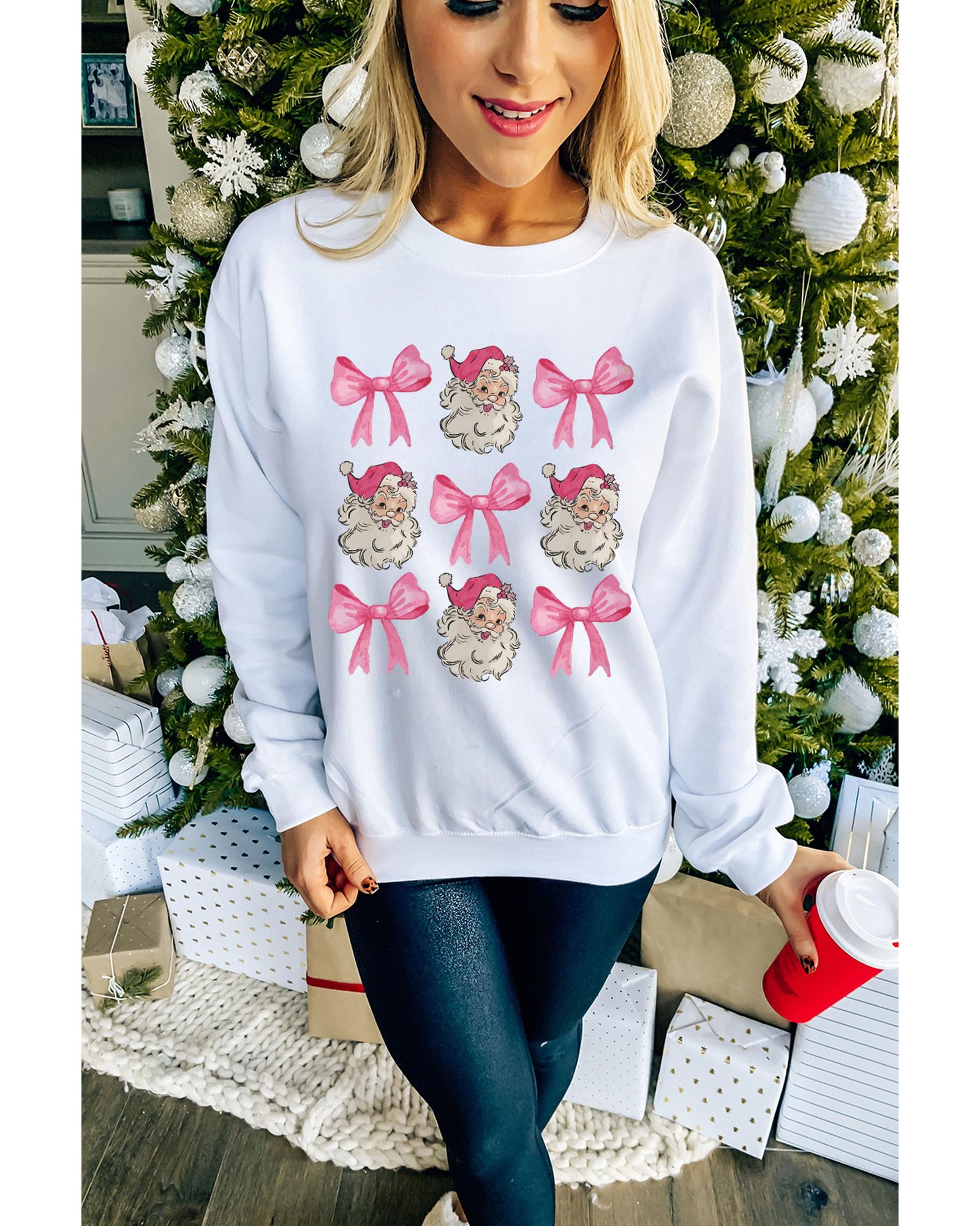 V539-AZEXDC25318596-15-M-202508292210-00 Beige Santa Claus Bowknot Pattern Christmas Sweatshirt - M - Image 1