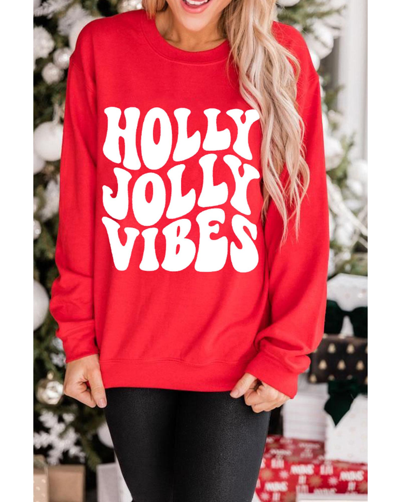 V539-AZEXDC25318597-3-L-202508280315-00 Red HOLLY JOLLY VIBES Graphic Crewneck Christmas Sweatshirt - L - Image 1
