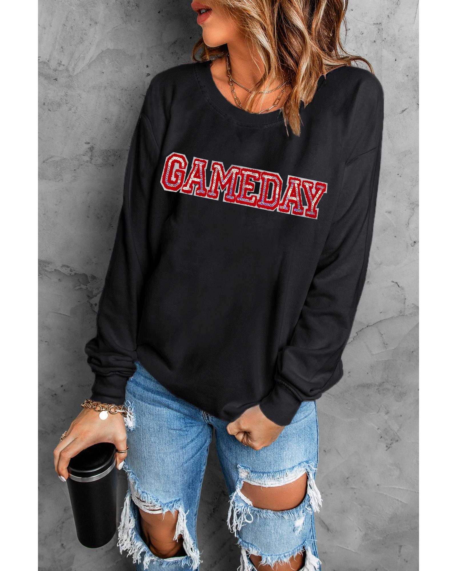 V539-AZEXDC25318646-2-M-202508300310-00 Black Sequined GAME DAY Rugby Football Season Sweatshirt - M - Image 1