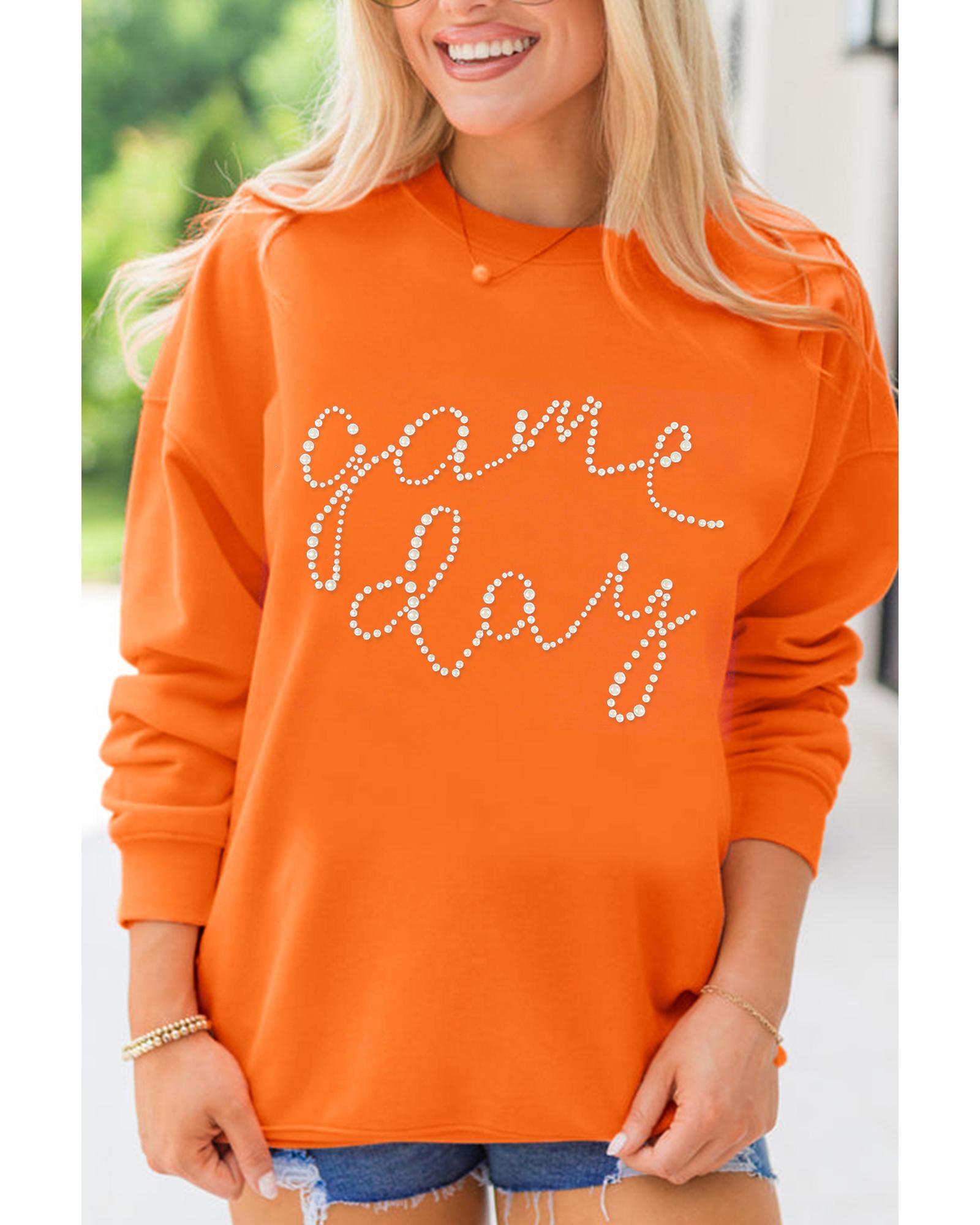 V539-AZEXDC25318676-14-M-202508290215-00 Orange Rhinestone game day Pattern Drop Shoulder Sweatshirt - M - Image 1