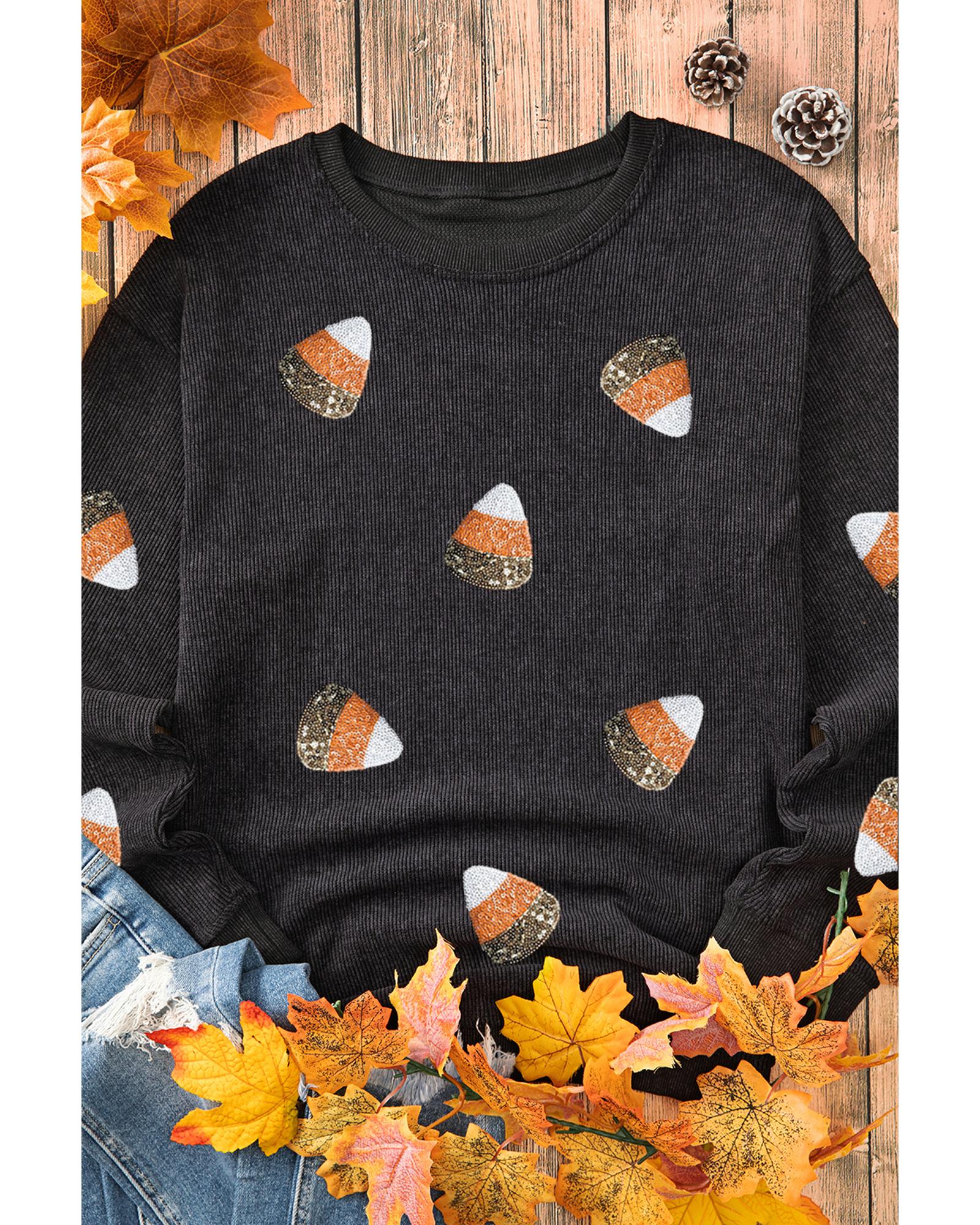 V539-AZEXDC25318683-2-XL-202506130750-00 Black Sequin Candy Corn Patched Corded Halloween Sweatshirt - XL - Image 1