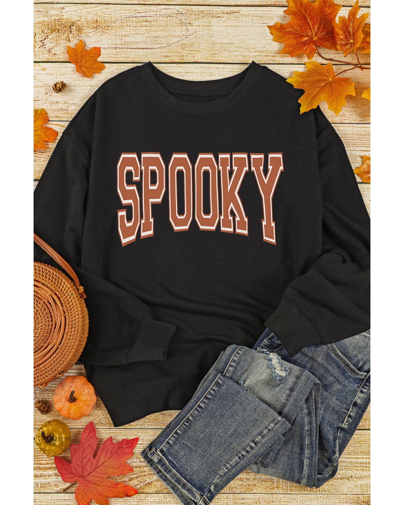 V539-AZEXDC25318686-P2-S-202506130806-00 Black SPOOKY Graphic Drop Shoulder Halloween Pullover Sweatshirt - S - Image 1
