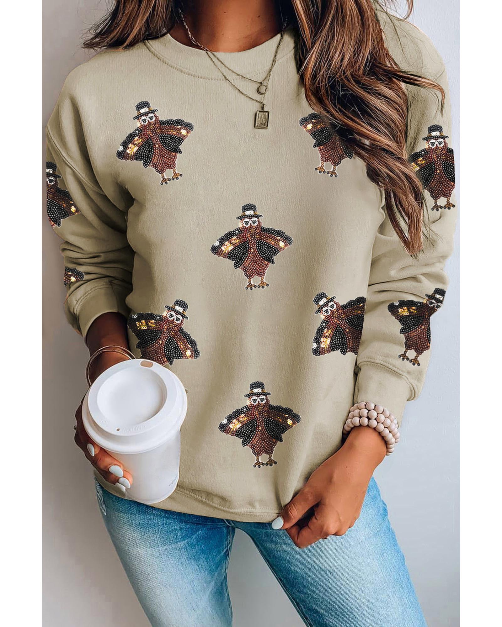 V539-AZEXDC25318694-P6016-L-202508281635-00 Parchment Shimmering Turkey Pattern Thanksgiving Holiday Sweatshirt - L - Image 1