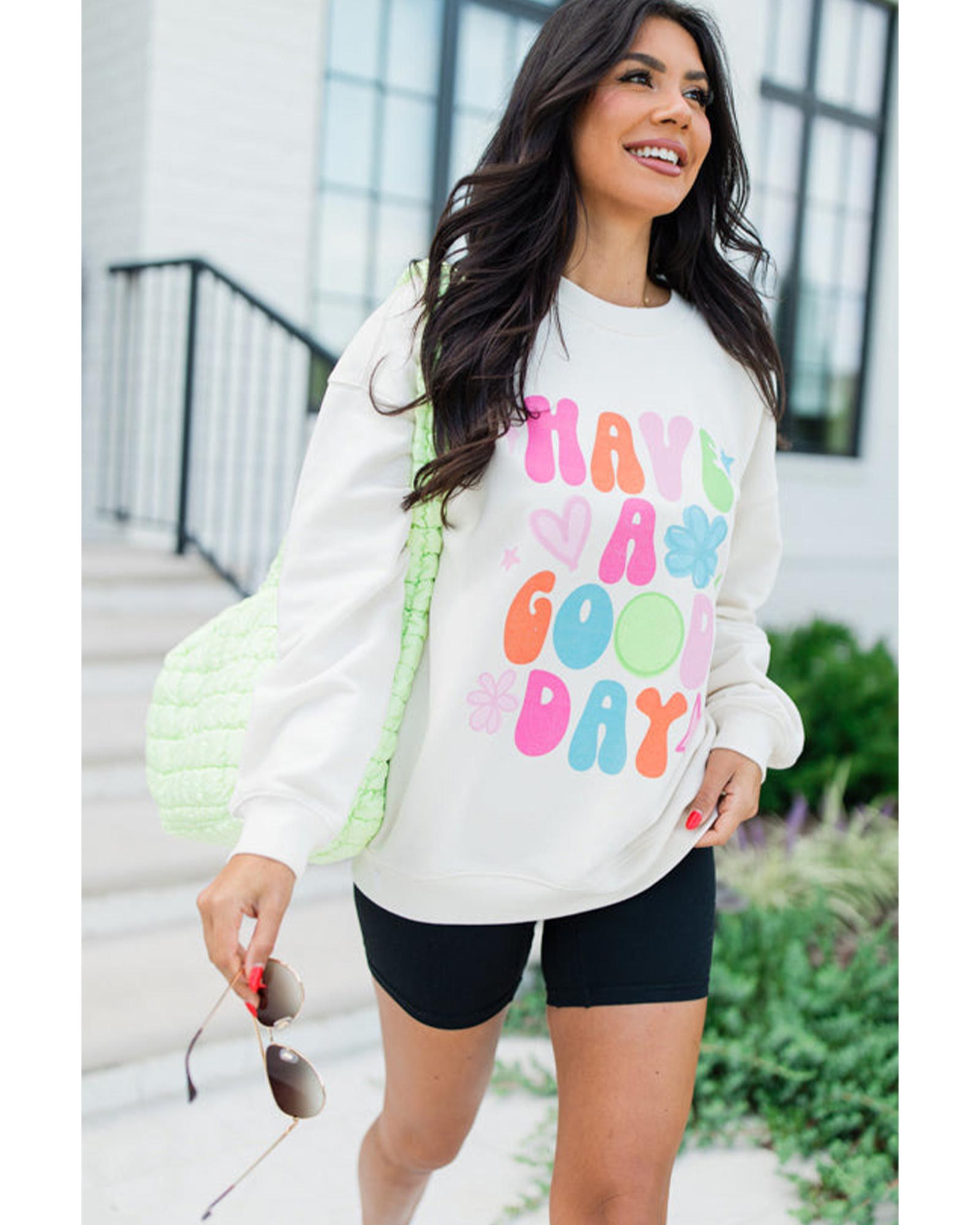 V539-AZEXDC25318697-15-S-202506130845-00 Beige HAVE A GOOD DAY Drop Shoulder Graphic Sweatshirt - S - Image 1