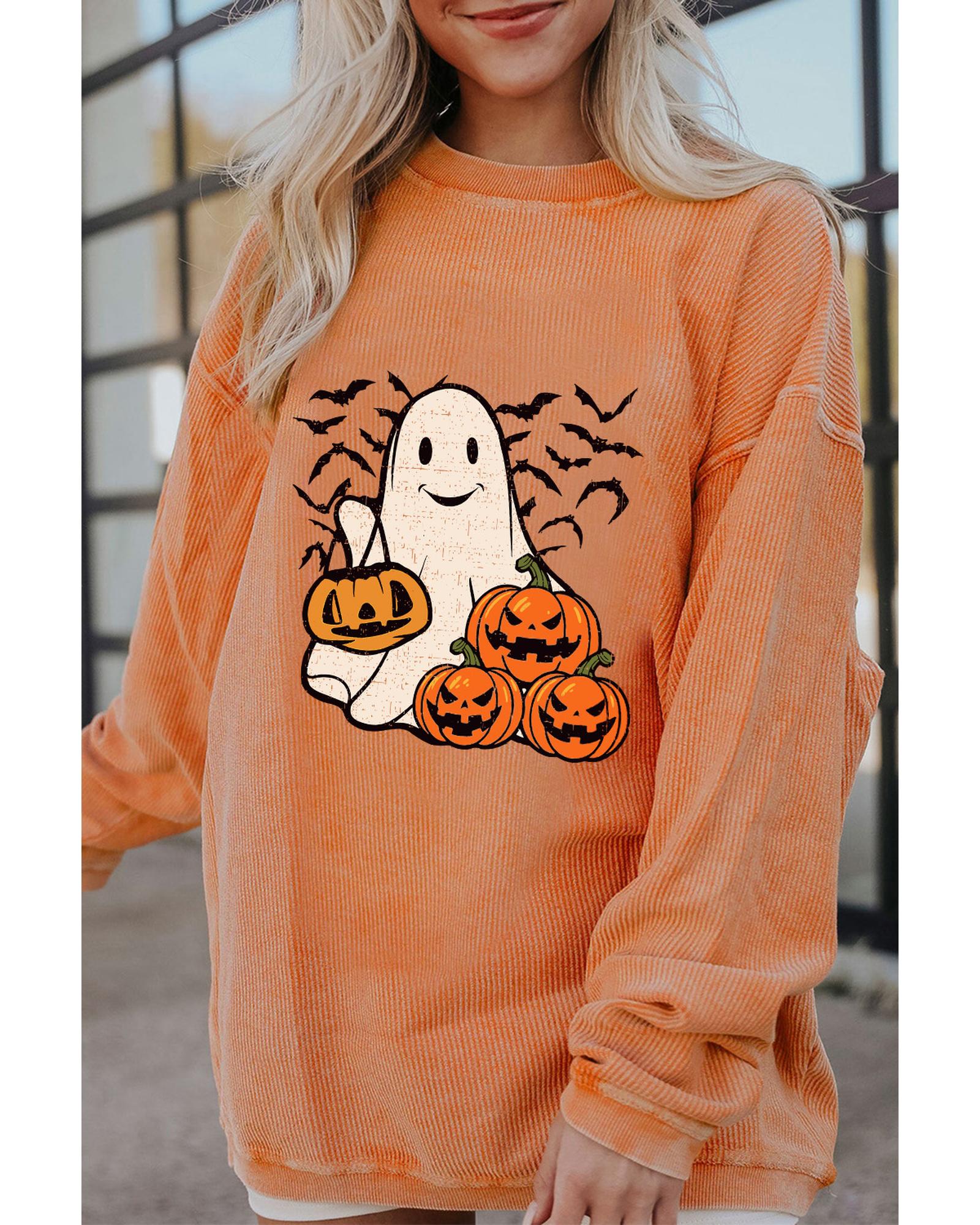 V539-AZEXDC25318705-2014-M-202508300630-00 Orange Halloween Ghost Pumpkin Bat Print Corded Pullover Sweatshirt - M - Image 1