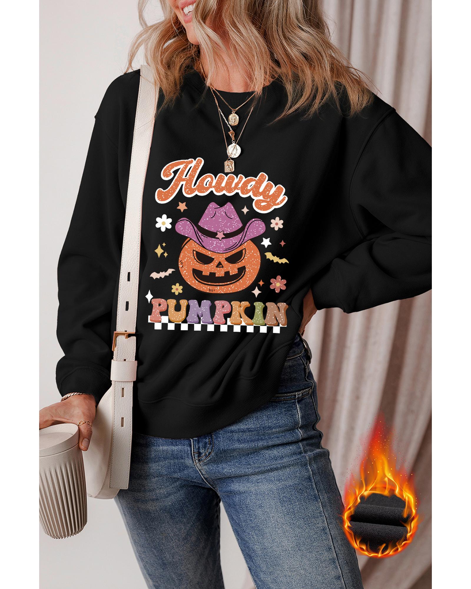 V539-AZEXDC25318725-P2-L-202508281120-00 Black Halloween Howdy PUMPKIN Print Crew Neck Pullover Sweatshirt - L - Image 1