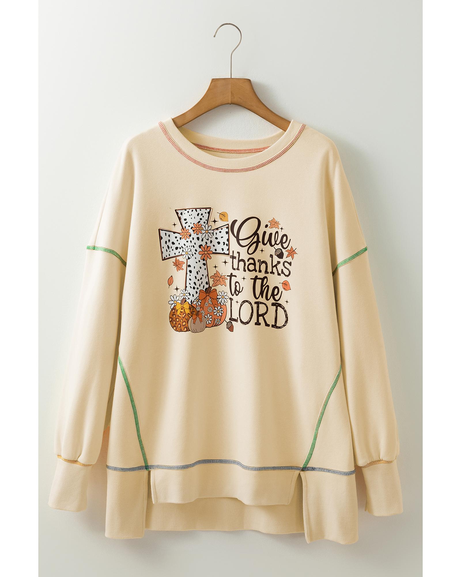 V539-AZEXDC25318726-P101-M-202508290255-00 White Give Thanks to the LORD Graphic High Low Hem Loose Sweatshirt - M - Image 1