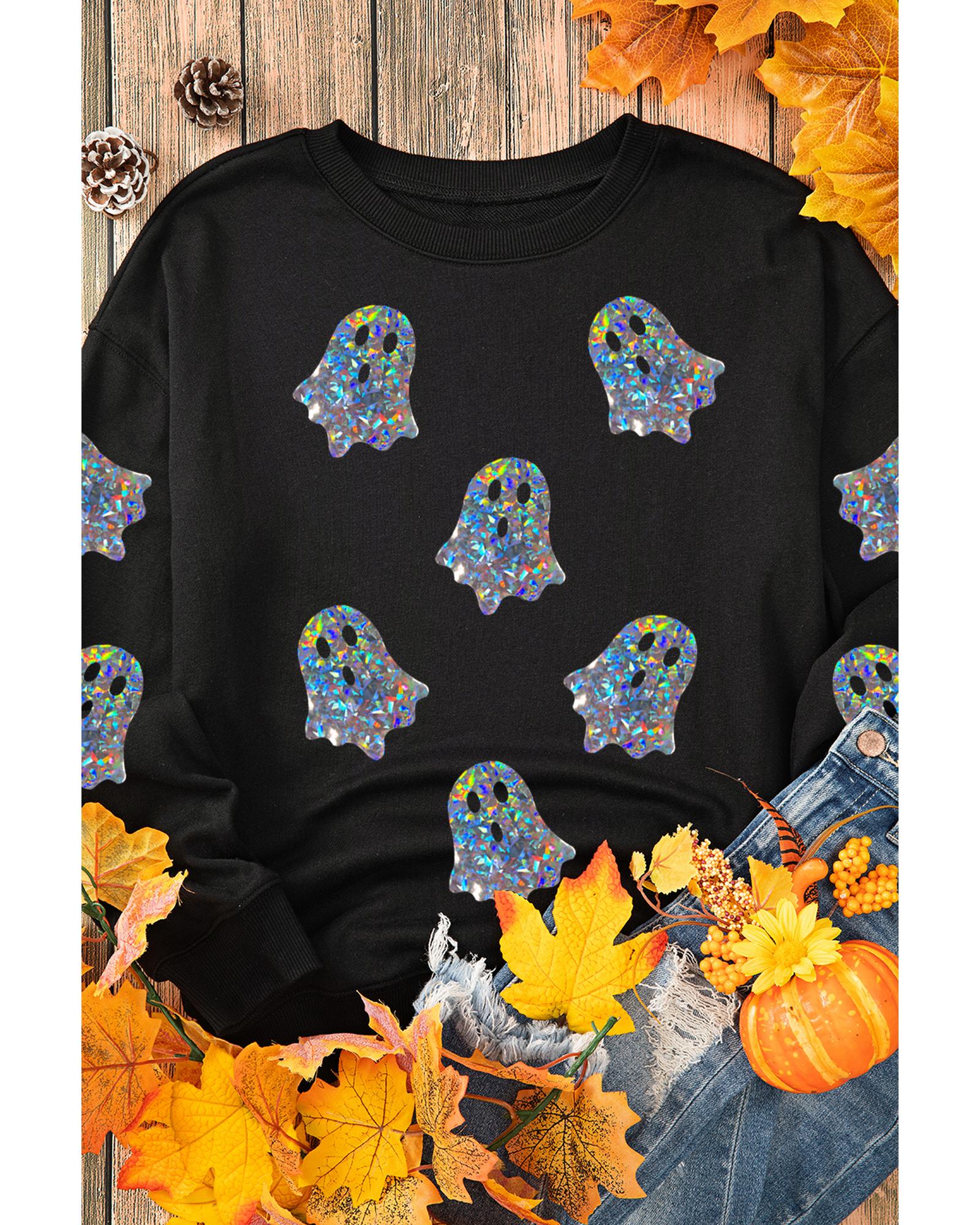 V539-AZEXDC25318813-2-S-202506131036-00 Black Glitter Ghosts Pattern Long Sleeve Halloween Sweatshirt - S - Image 1
