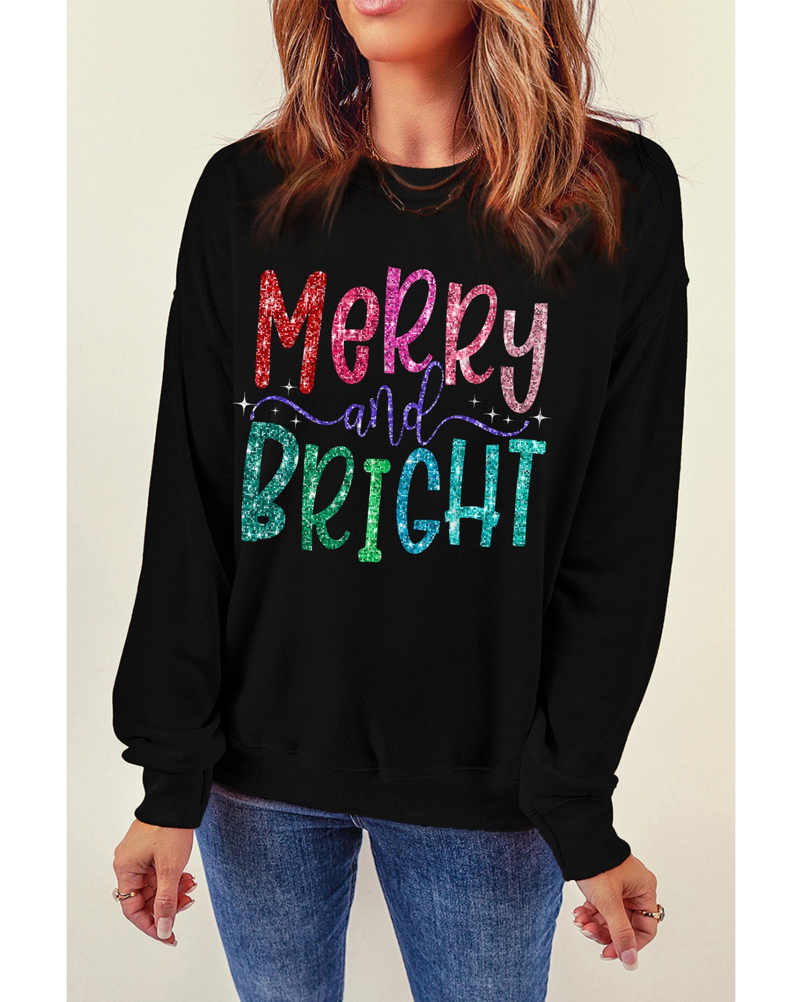 V539-AZEXDC25318816-2-XL-202508270535-00 Black Glittering Merry and Bright Graphic Christmas Pullover Sweatshirt - XL - Image 1