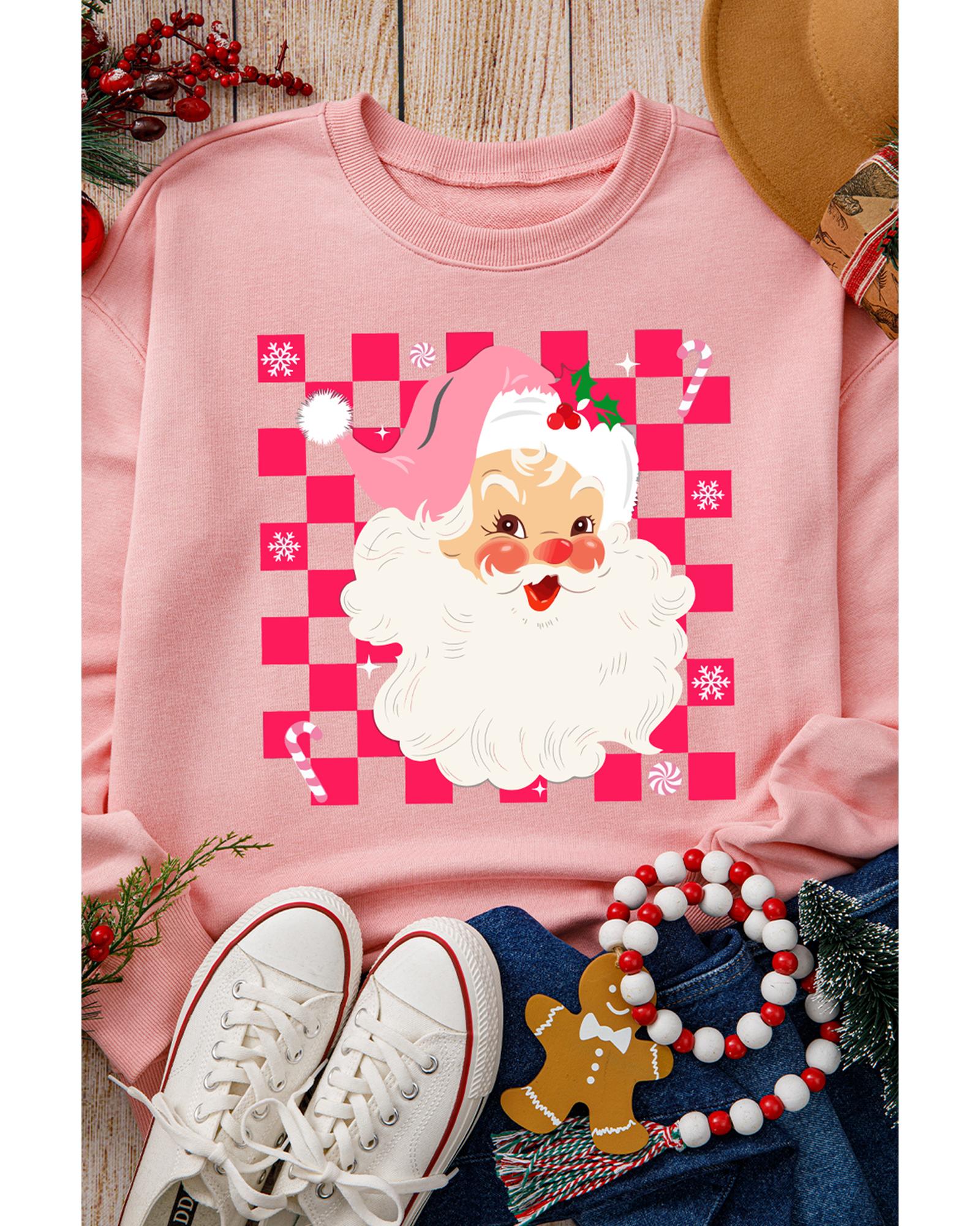 V539-AZEXDC25318873-10-S-202506131122-00 Pink Fancy Checkered Father Christmas Graphic Sweatshirt - S - Image 1