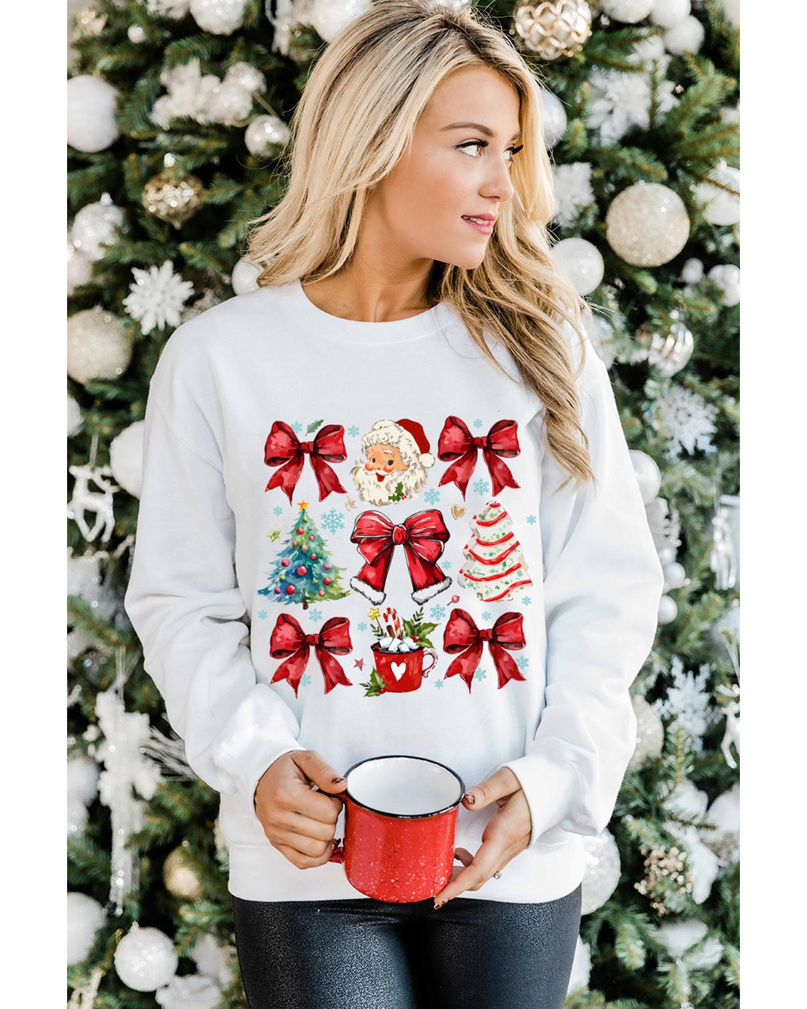 V539-AZEXDC25318875-15-S-202506131127-00 Beige Christmas Tree Bowknot Santa Clause Graphic Holiday Sweatshirt - S - Image 1