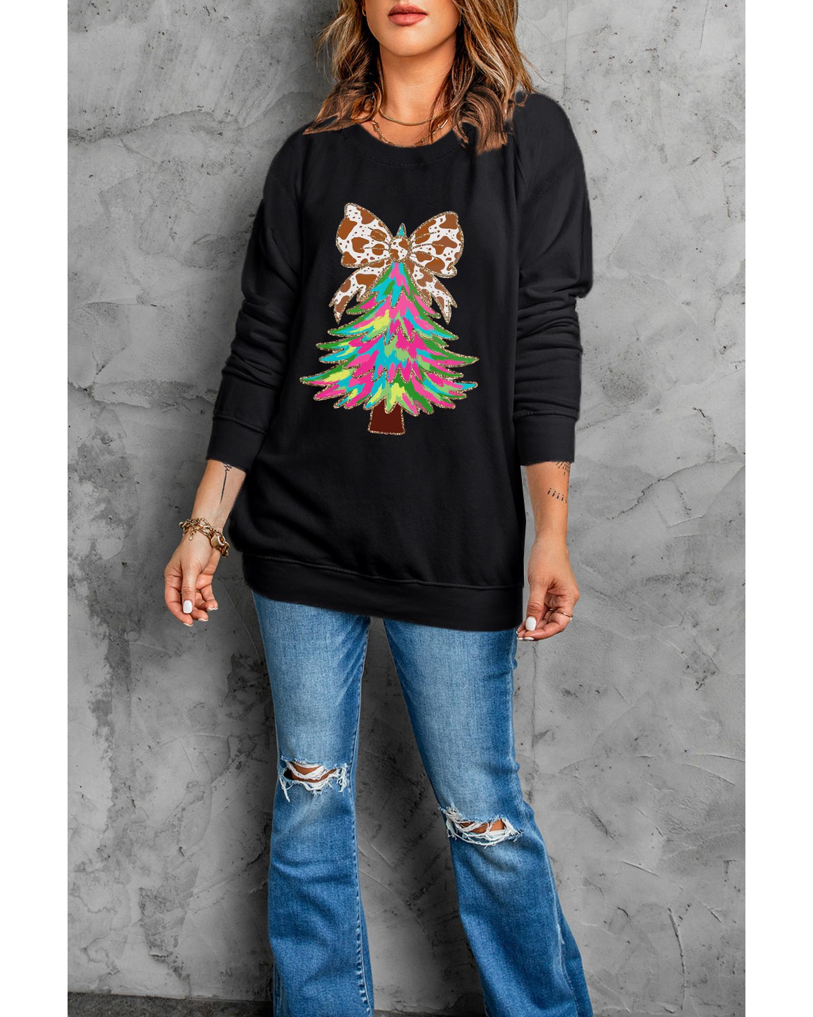 V539-AZEXDC25318876-2-XL-202508280315-00 Black Bowknot Christmas Tree Shiny Graphic Sweatshirt - XL - Image 1