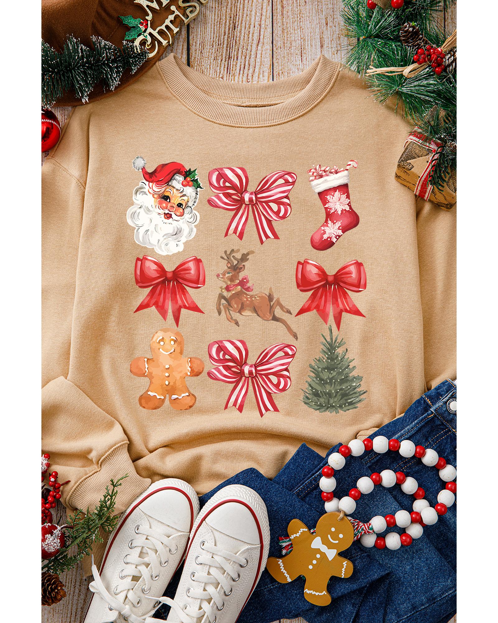 V539-AZEXDC25318877-16-S-202506131137-00 Khaki Christmas Pattern Graphic Crew Neck Sweatshirt - S - Image 1