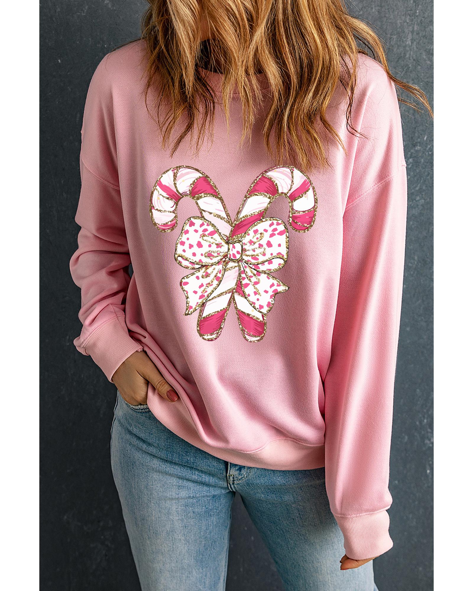 V539-AZEXDC25318878-10-S-202506131142-00 Pink Christmas Bow Candy Cane Graphic Drop Shoulder Crew Neck Sweatshirt - S - Image 1