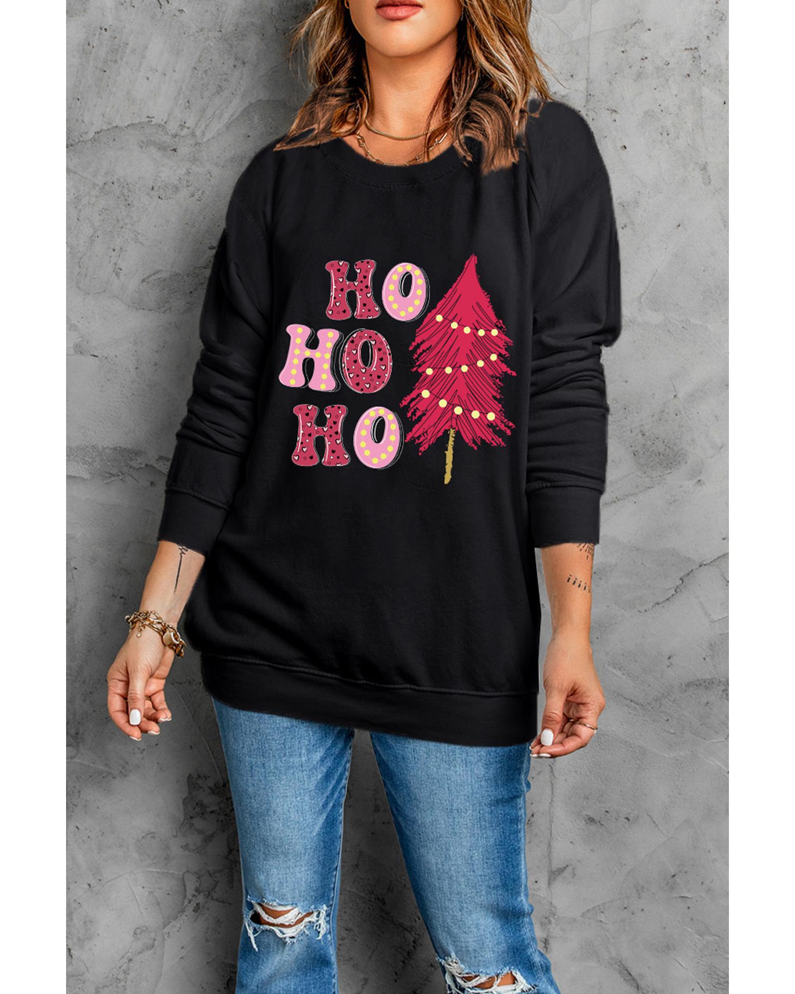 V539-AZEXDC25318891-2-S-202506131231-00 Black HO HO HO Christmas Tree Graphic Pullover Sweatshirt - S - Image 1