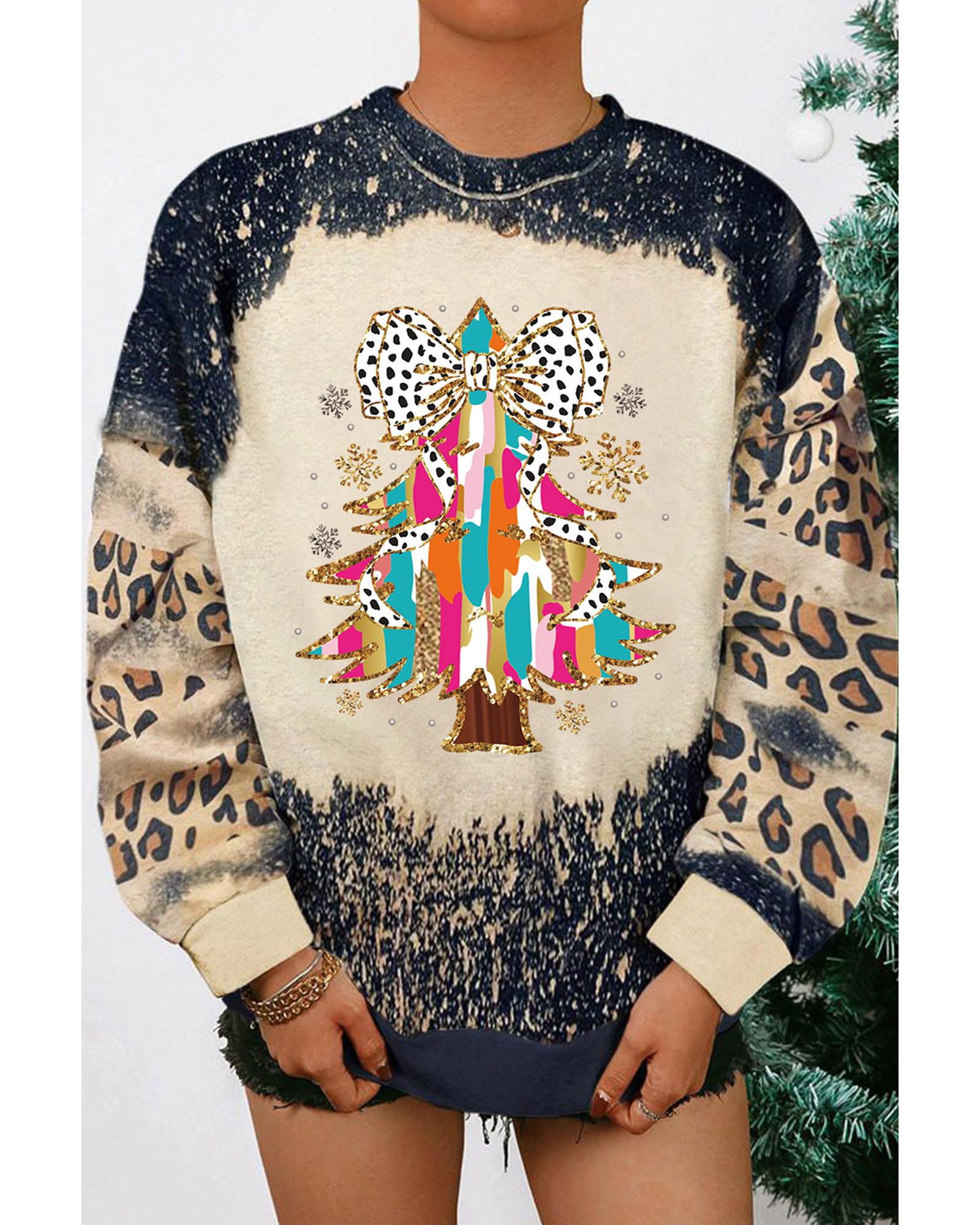 V539-AZEXDC25318893-2-M-202508280705-00 Black Christmas Tree Graphic Bleached Leopard Tie Dye Sweatshirt - M - Image 1