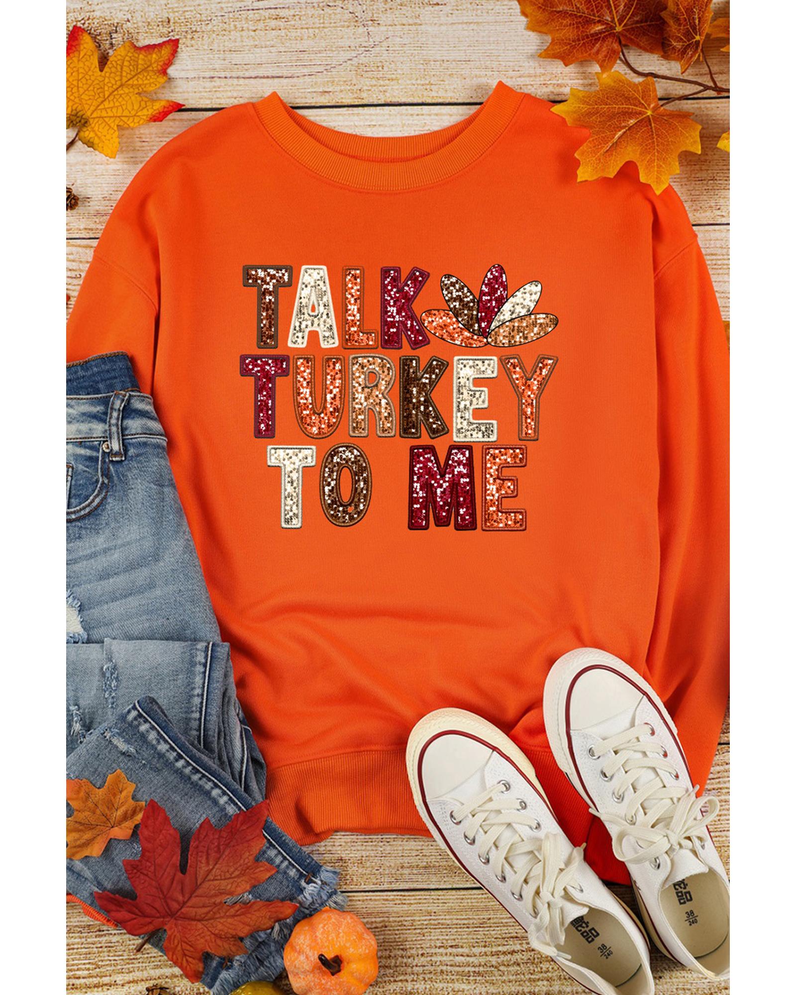 V539-AZEXDC25318896-14-M-202508281935-00 Orange TALK TURKEY TO ME Heat Transfer Printing Graphic Thanksgiving Holiday Sweatshirt - M - Image 1