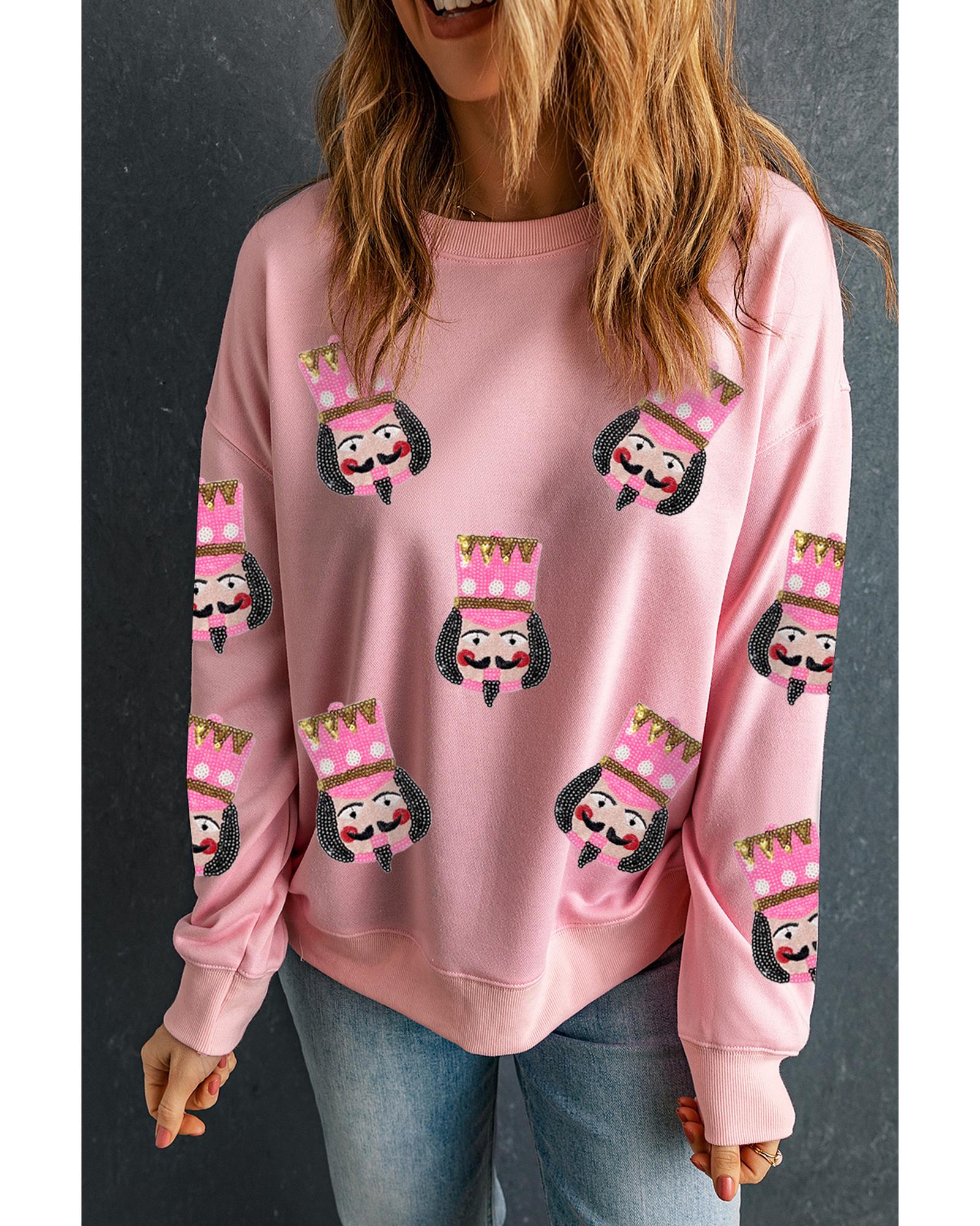 V539-AZEXDC25318899-10-XL-202508281400-00 Pink Sequin Nutcracker Graphic Drop Shoulder Christmas Sweatshirt - XL - Image 1