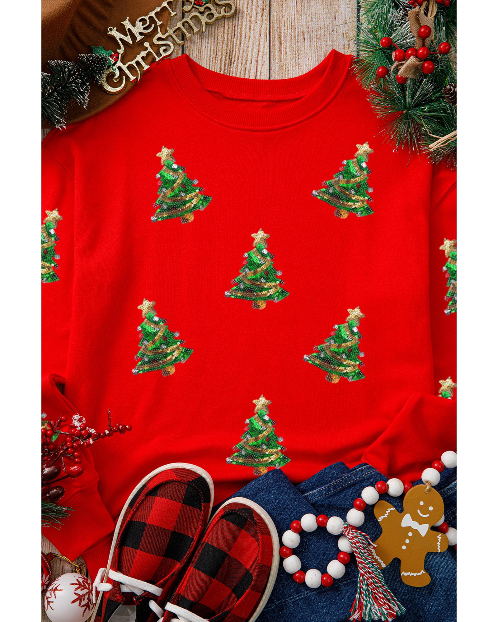V539-AZEXDC25318900-3-XL-202508291600-00 Red Sequin Christmas Tree Graphic Drop Shoulder Sweatshirt - XL - Image 1