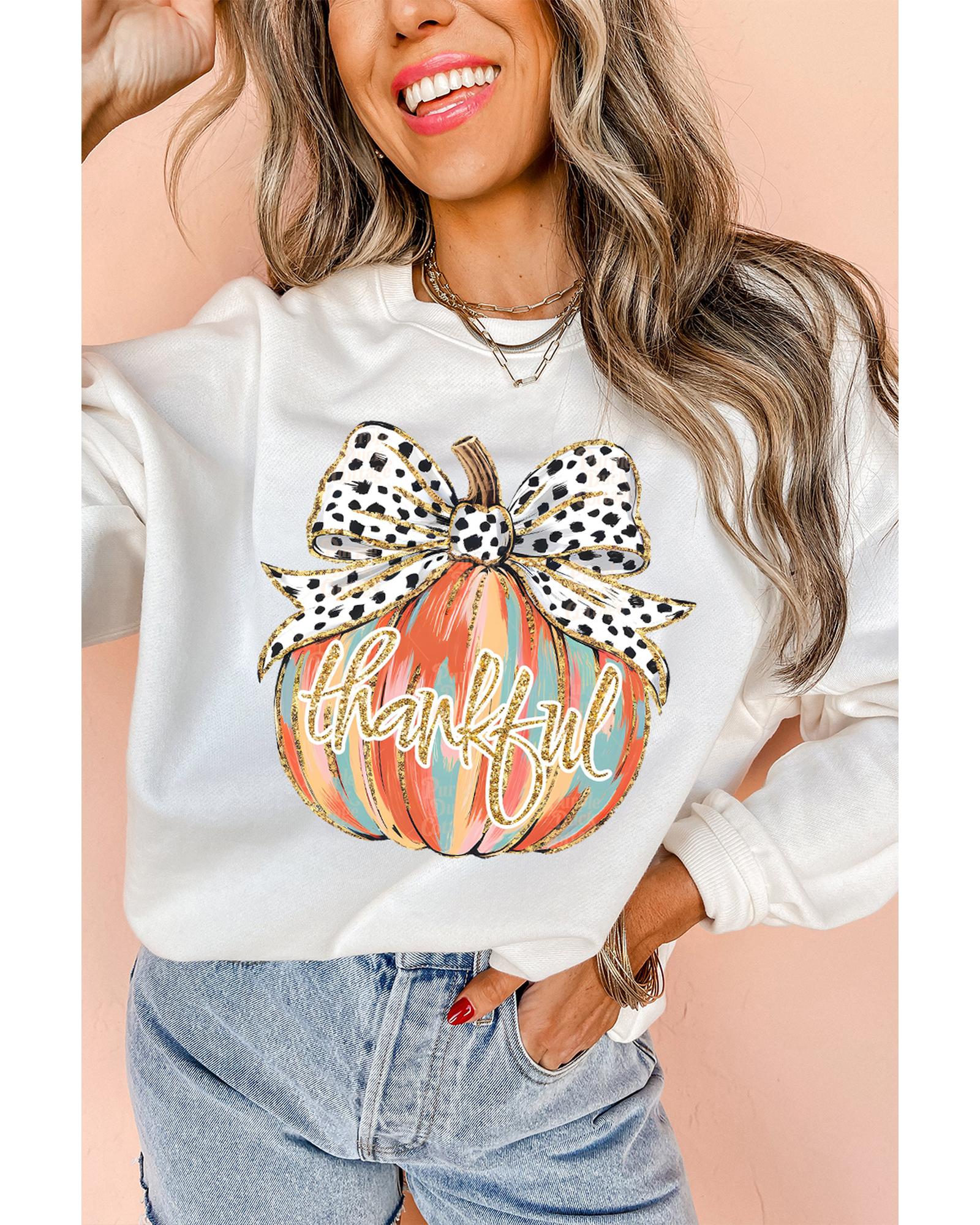 V539-AZEXDC25318968-15-2XL-202508281530-00 Beige Polka Dot Bow Knot Pumpkin Print Thanksgiving Sweatshirt - 2XL - Image 1