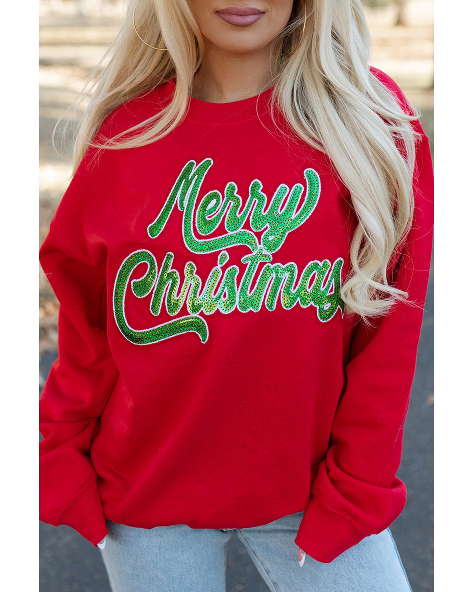 V539-AZEXDC25318996-3-M-202508281055-00 Red Merry Christmas Crewneck Drop Shoulder Loose Sweatshirt - M - Image 1