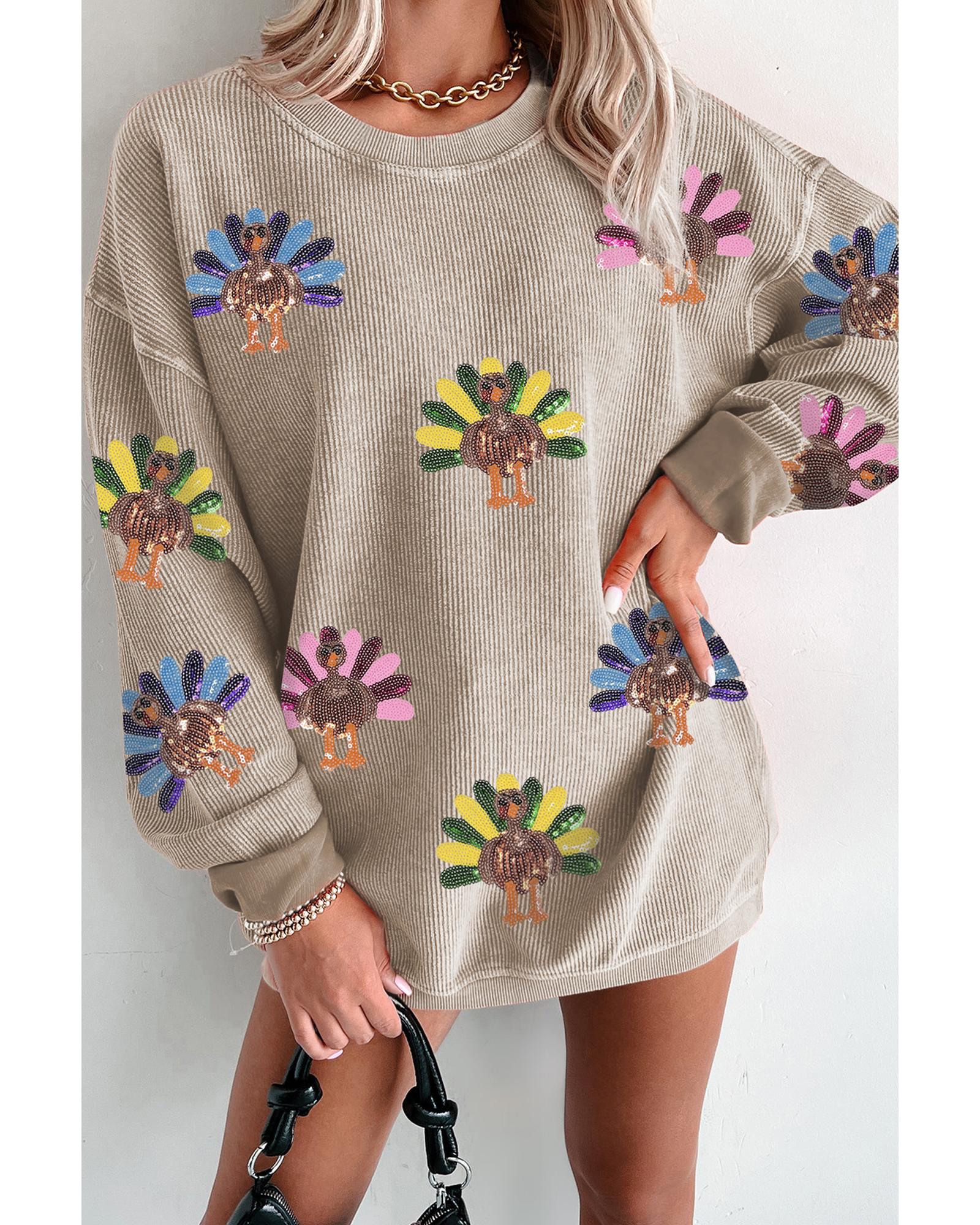V539-AZEXDC25319008-P7016-M-202508282345-00 Smoke Gray Turkey Graphic Corded Baggy Sweatshirt - M - Image 1
