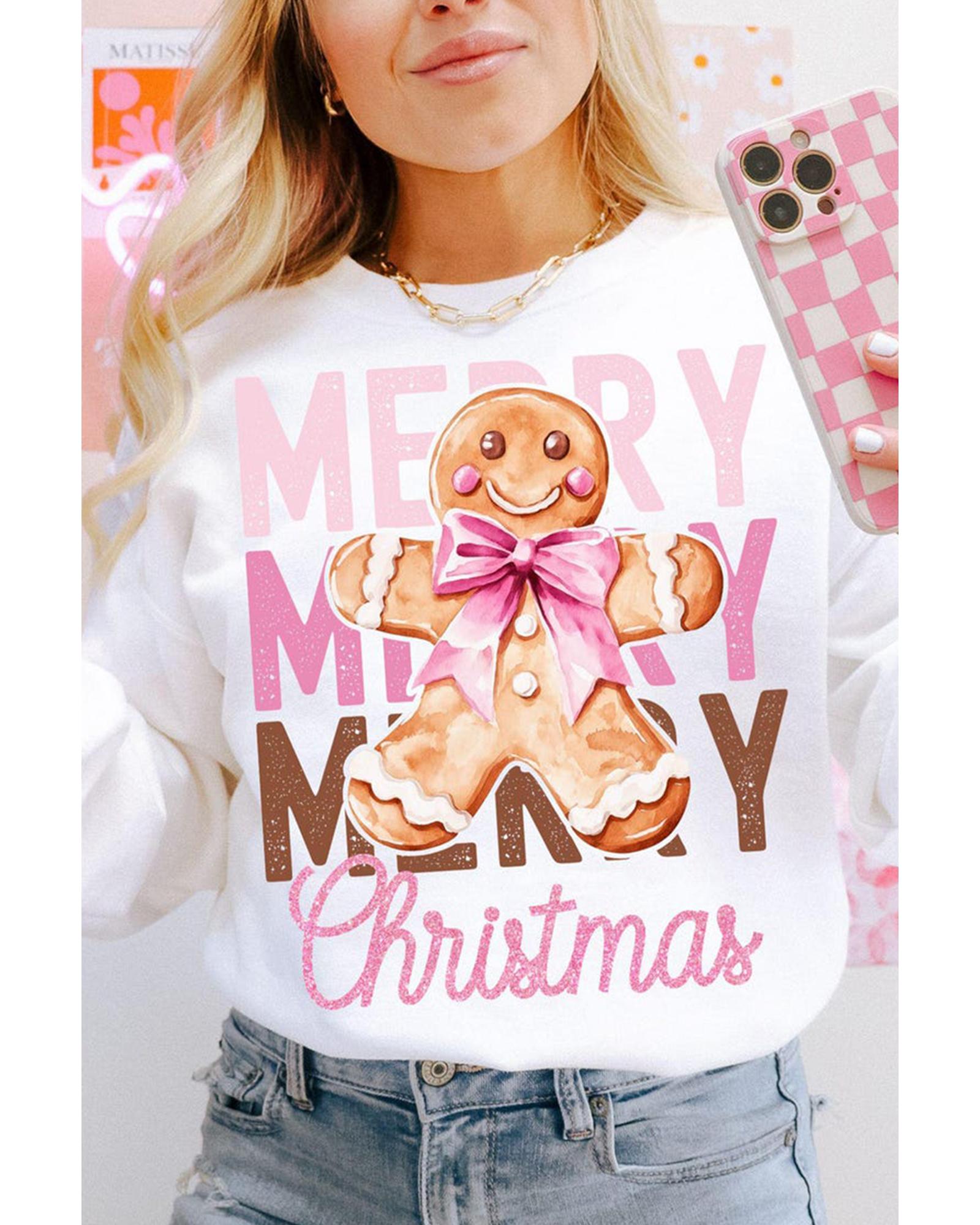 V539-AZEXDC25319078-15-L-202508282040-00 Beige Merry Christmas Gingerbread Man Graphic Sweatshirt - L - Image 1