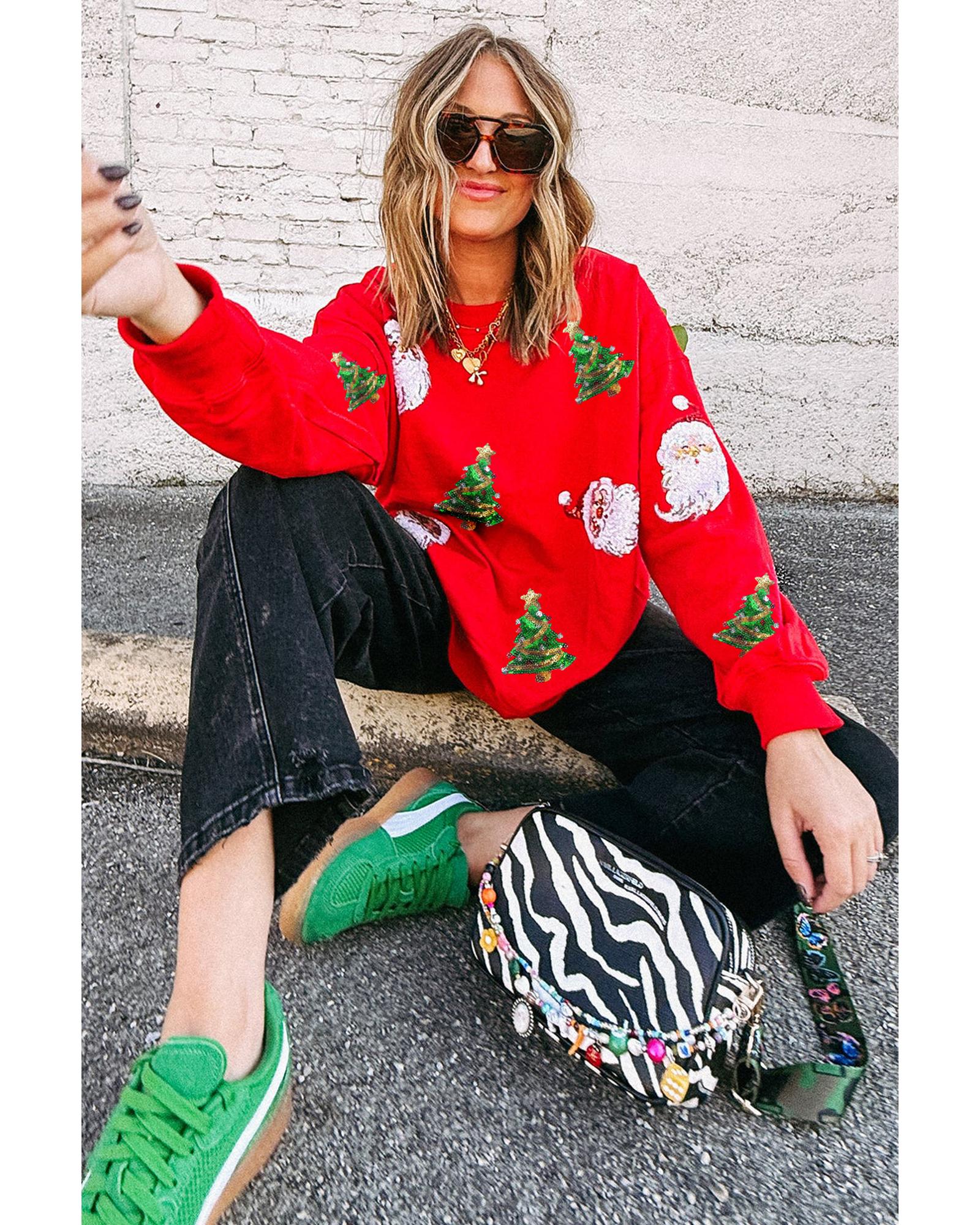 V539-AZEXDC25319154-3-S-202506130945-00 Red Santa Claus Christmas Tree Patched Pattern Drop Shoulder Sweatshirt - S - Image 1