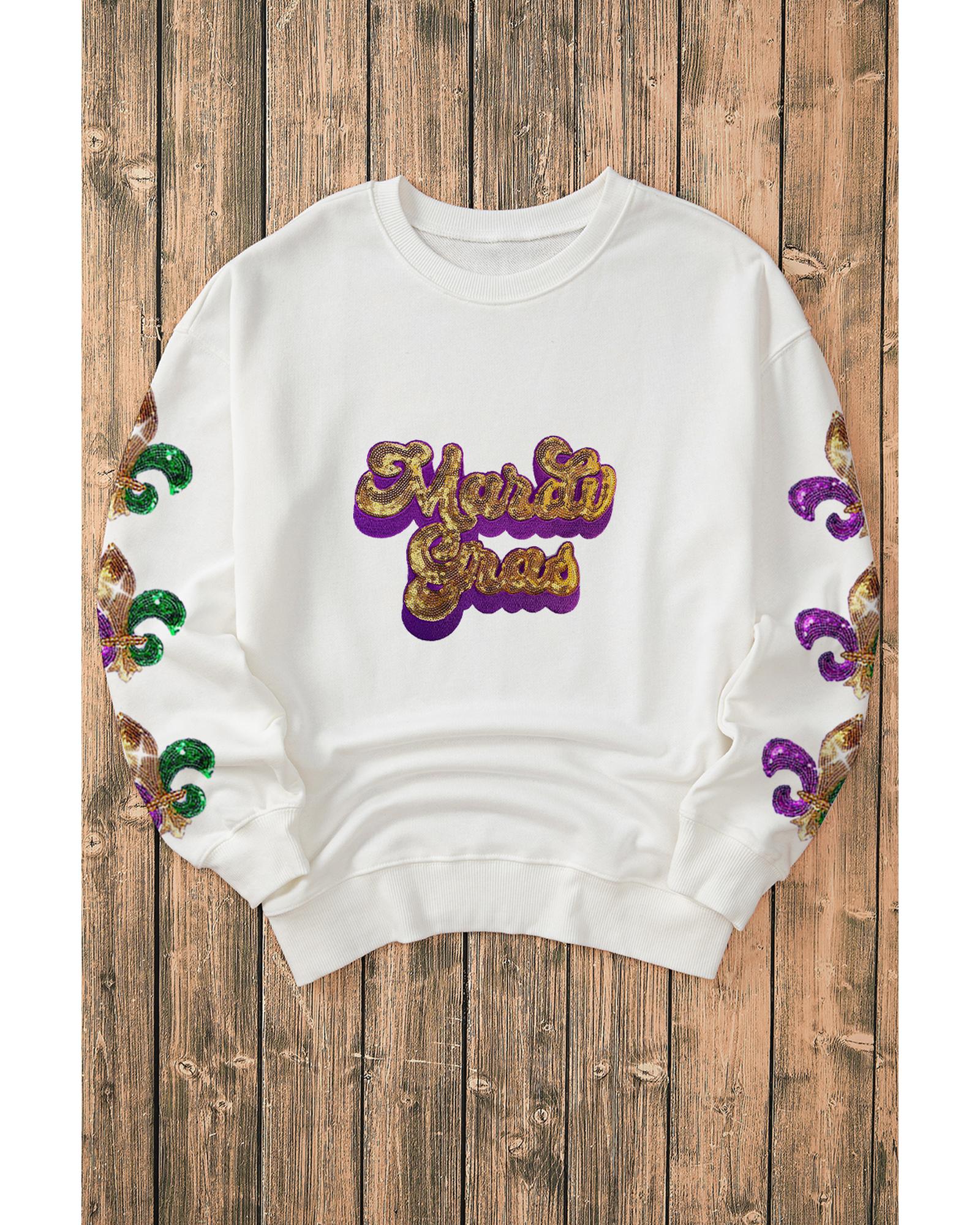V539-AZEXDC25319163-15-2XL-202508281900-00 Beige Sequin Mardi Gras Patched Pattern Fleur de Lis Sleeve Sweatshirt - 2XL - Image 1