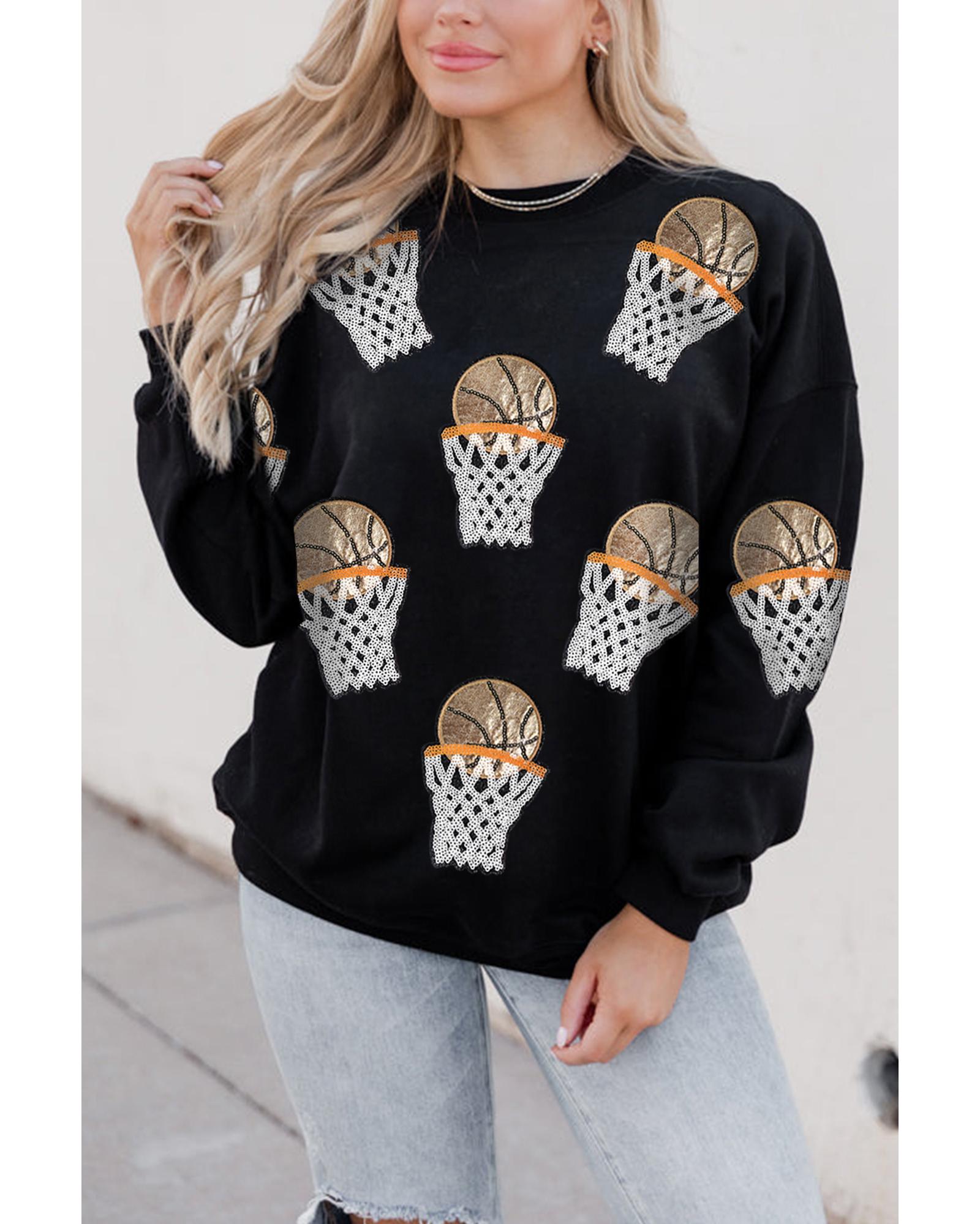 V539-AZEXDC25319169-2-L-202508300620-00 Black Basketball Patched Game Day Crew Neck Graphic Sweatshirt - L - Image 1