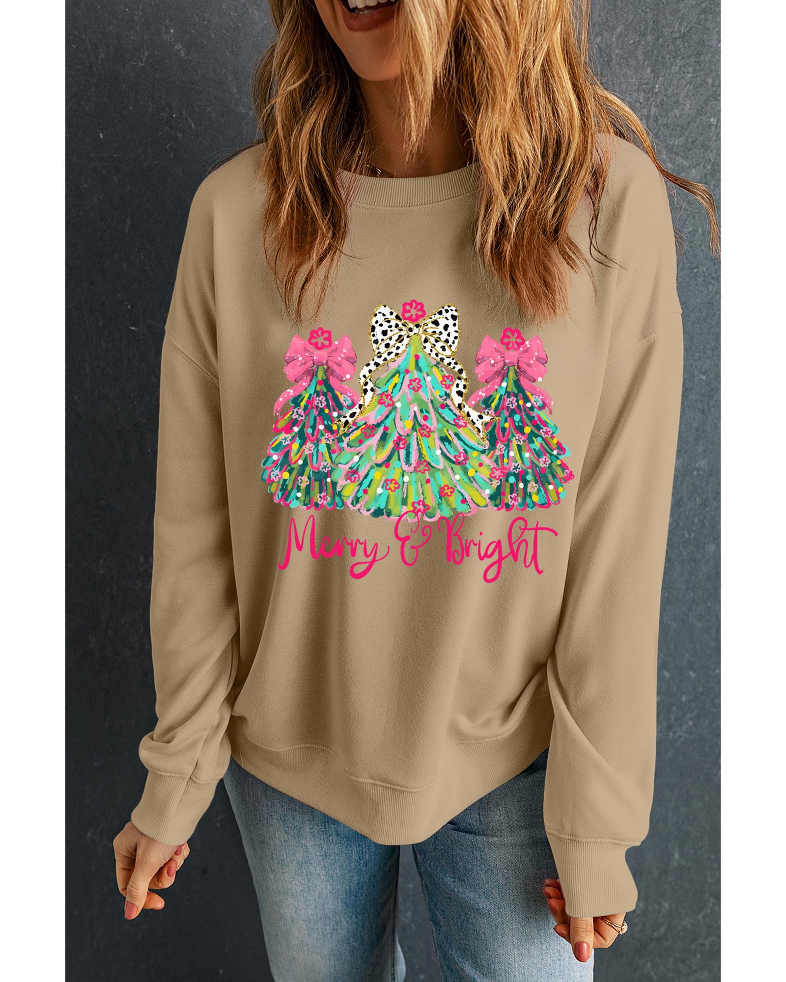 V539-AZEXDC25319192-16-2XL-202508281350-00 Khaki Merry & Bright Christmas Tree Print Pullover Sweatshirt - 2XL - Image 1