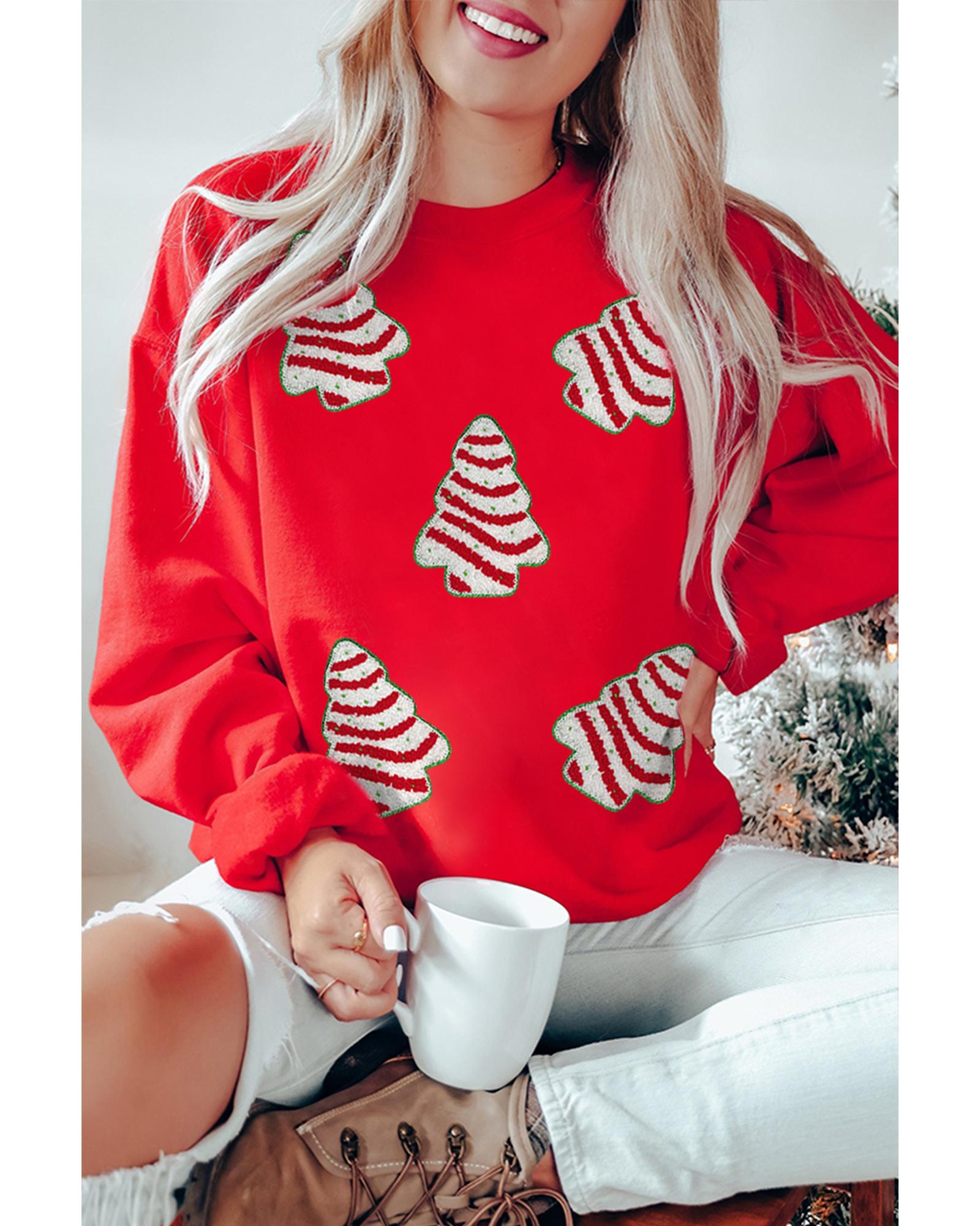 V539-AZEXDC25319213-3-L-202508272000-00 Red Playful Christmas Tree Patched Dropped Shoulder Sweatshirt - L - Image 1